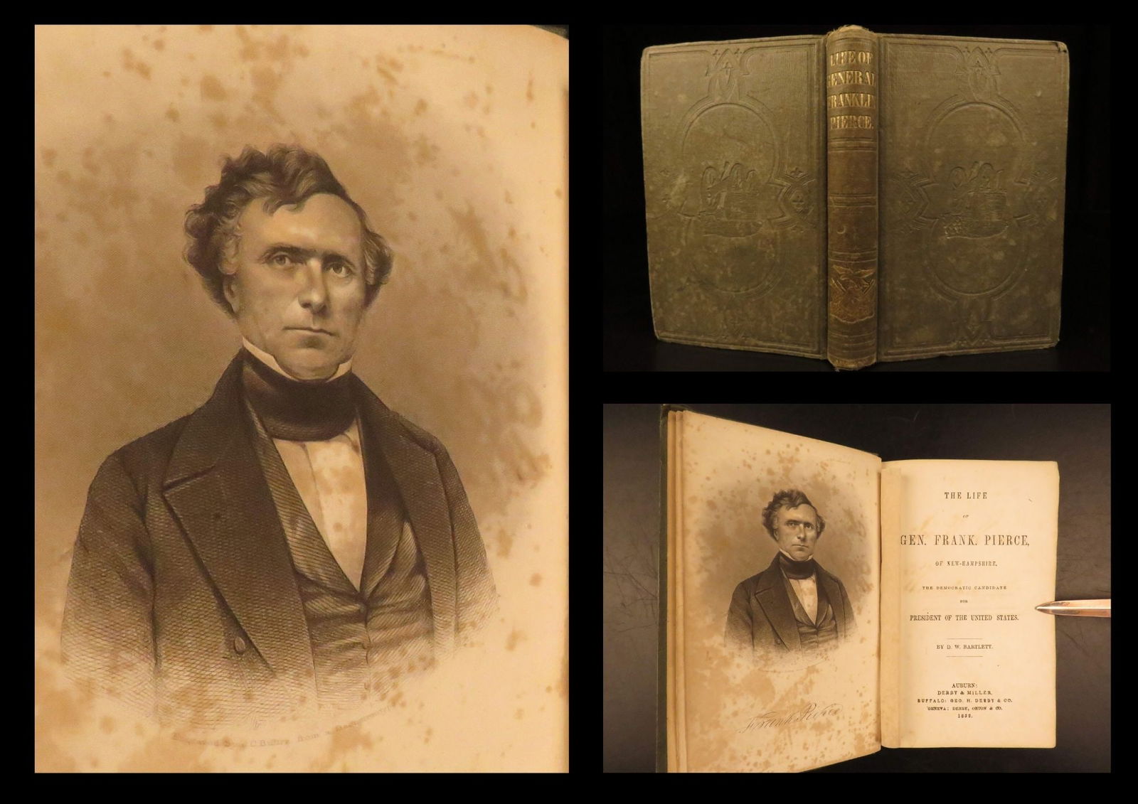 1852 – Life of Gen. Franklin Pierce – Bartlett | First Ed Presidential Biography: Life of Gen Frank Pierce by Bartlett is a biography on the 14th president of the United States, who saw the abolitionist movement as a threat to the unity of America. He alienated anti-slavery groups