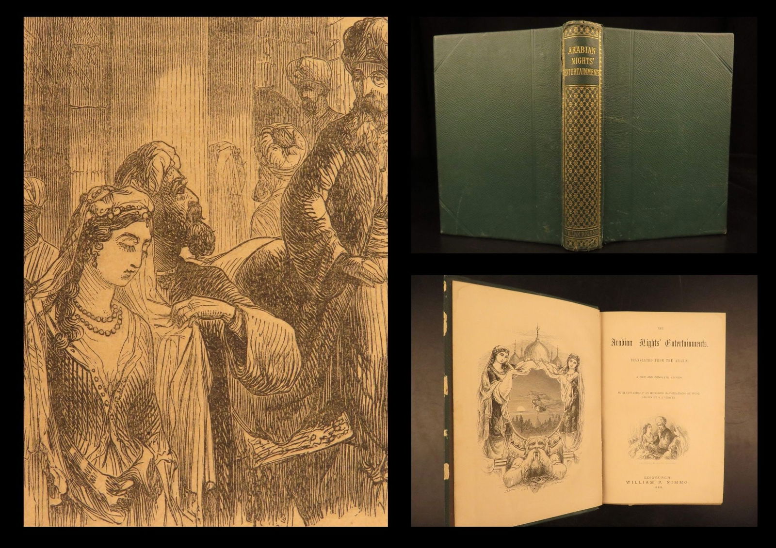 1868 – The Arabian Nights | 100+ Illustration by S.J. Groves | Gilt Binding: During the Golden Age of Islam in South and West Asia, a collection of tales and stories was gathered and called One Thousand and One Arabian Nights. It was first translated into French by Antoine Gal