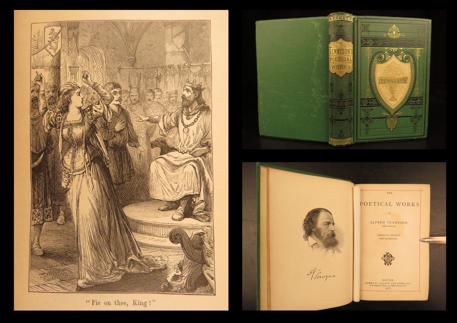 1877 – Poetical Works of Alfred Tennyson | Beautiful, Decorative Binding: Alfred Tennysons cycle of poetry tells tales of legends and myths like King Arthur, Guinevere, Lancelot, Merlin, The Holy Grail, and Lady of the Lake - the utmost of folktales! This charming 1877 edit