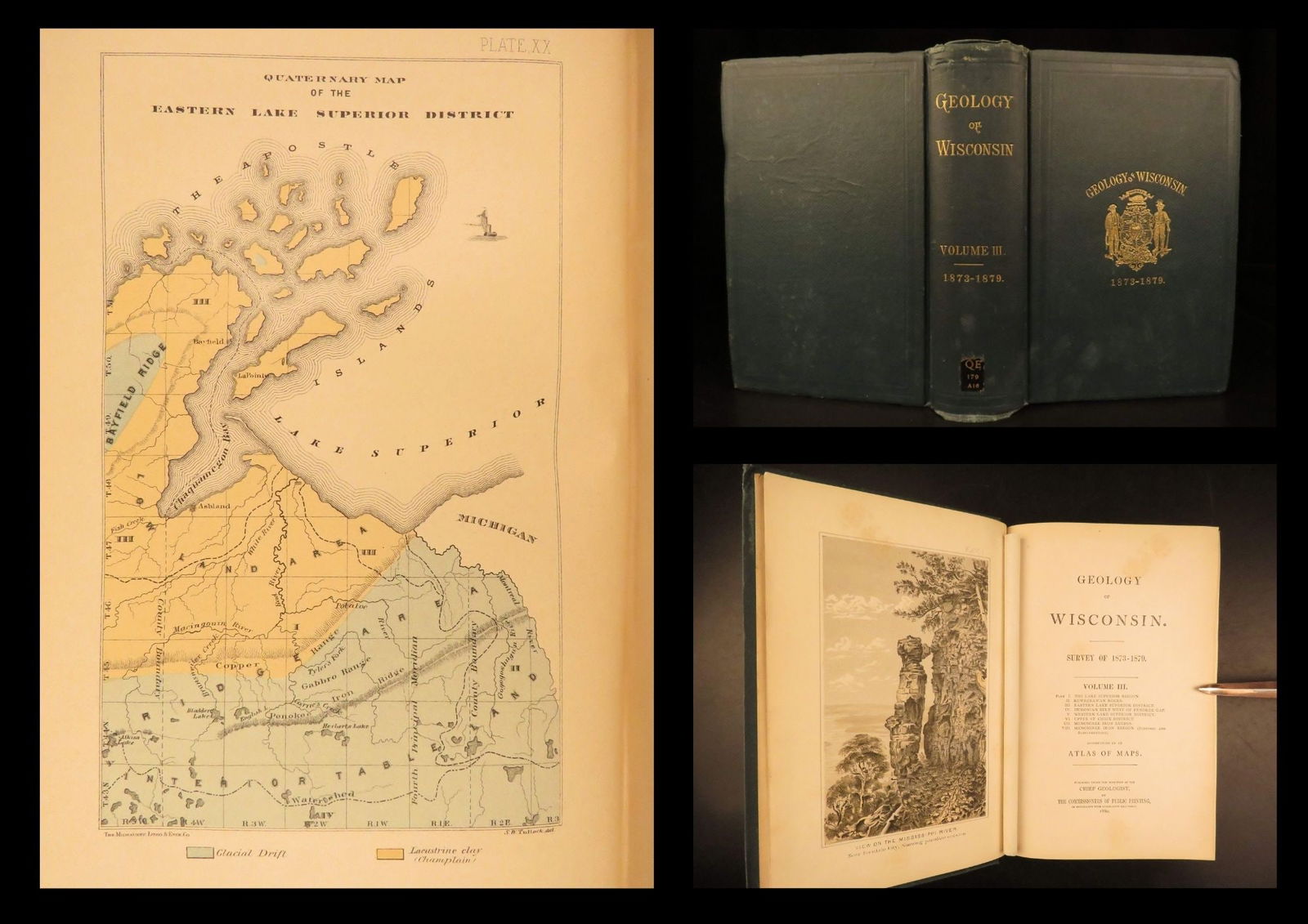 1880 – Geology of Wisconsin, Chamberlain | First Edition | Illustrated Fossils: Geology of Wisconsin. Survey of 1873–1879 by Thomas C. Chamberlin is the official first volume documenting the landmark geological investigations directed by Wisconsins Chief Geologist during the po