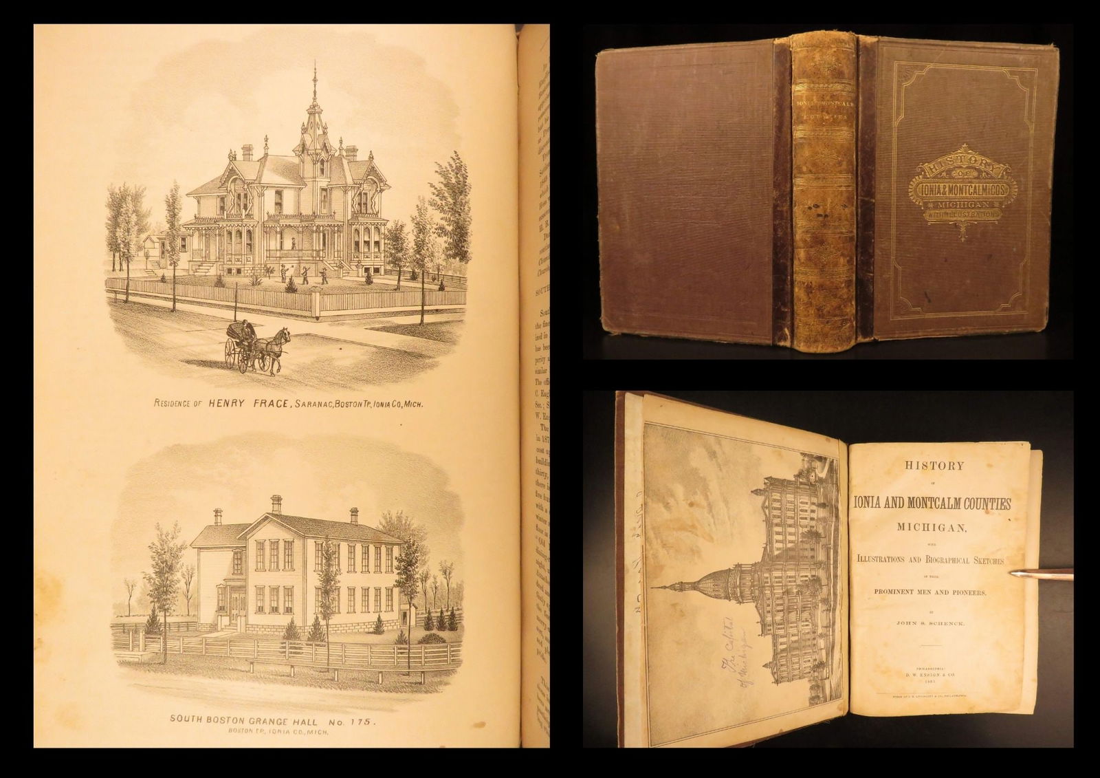 1881 – Ionia & Montcalm Counties, Michigan | Native American Indians & Civil War: History of Ionia and Montcalm Counties, Michigan by John S. Schenck is a rare, 19th-century survey of two of Michigans most historical counties. This book covers a wide variety of topics including ear