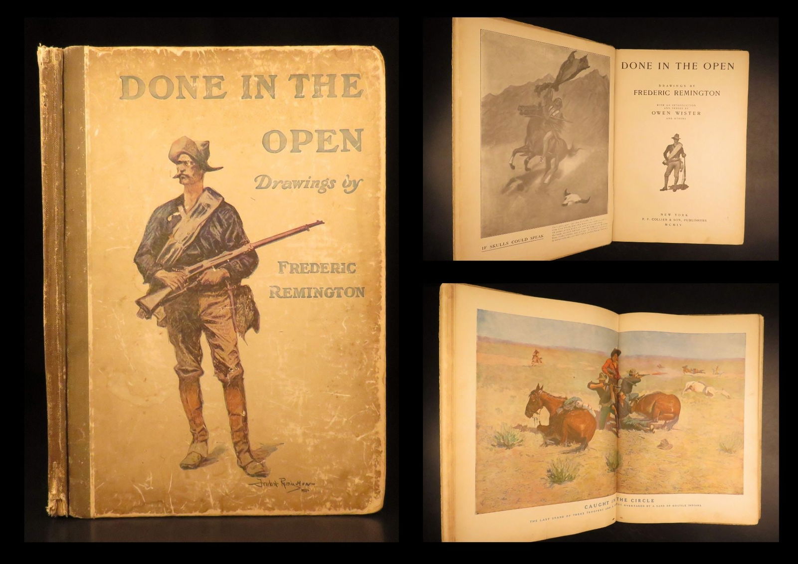 1903 – Done in the Open – Remington | First Edition Illustrated Cowboy Scenes: Done in the Open is a fascinating, early 20th-century collection of outdoor sketches by Frederick Remington. Remington was one of the most famous artists of American Western scenery who depicted some