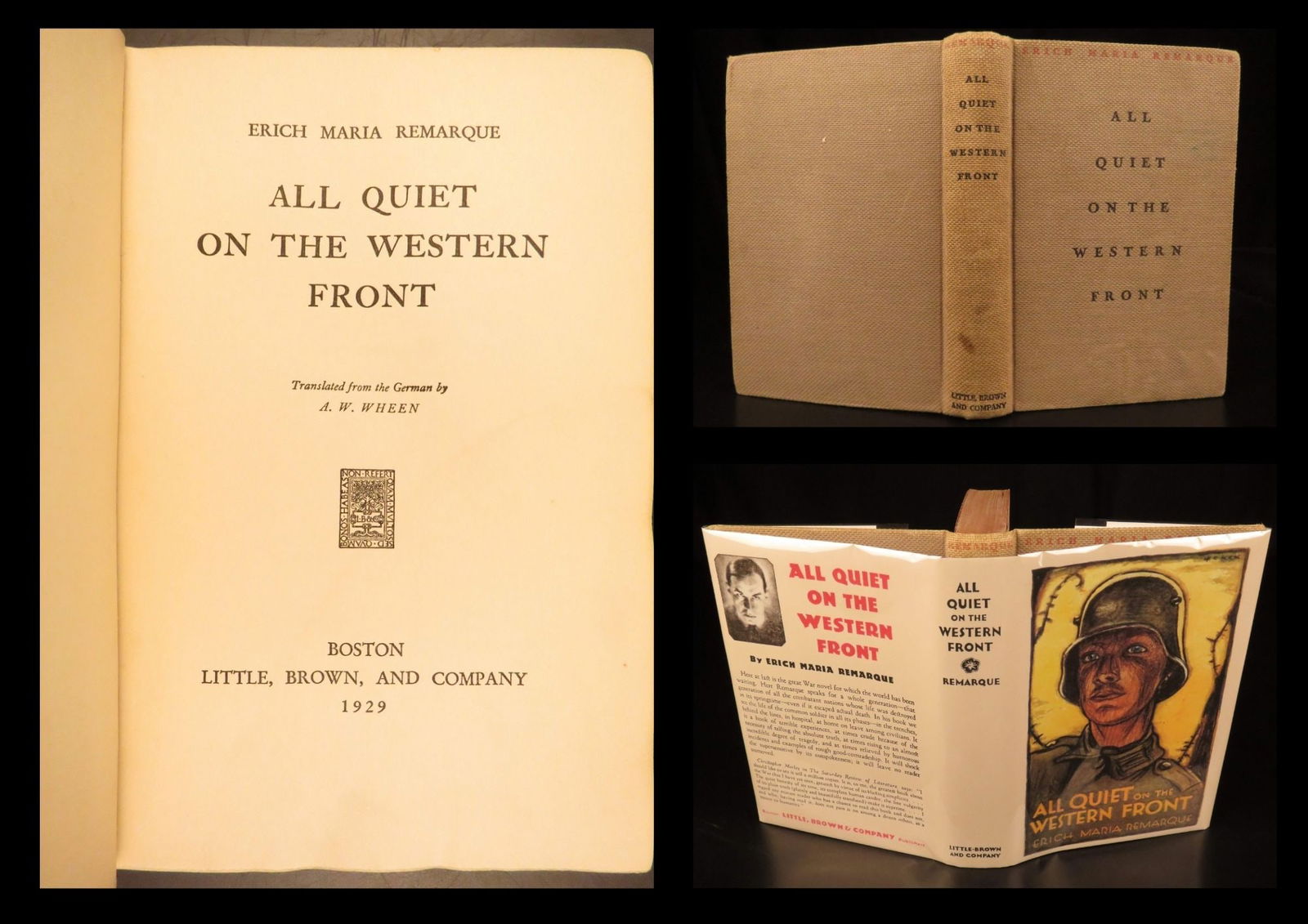 1929 - All Quiet on the Western Front – Remarque | First US Printing, Nazi-Banned: This first edition of All Quiet on the Western Front by Erich Maria Remarque is a semi-autobiographical novel that presents the reality of World War I from the German perspective. The work follows a g