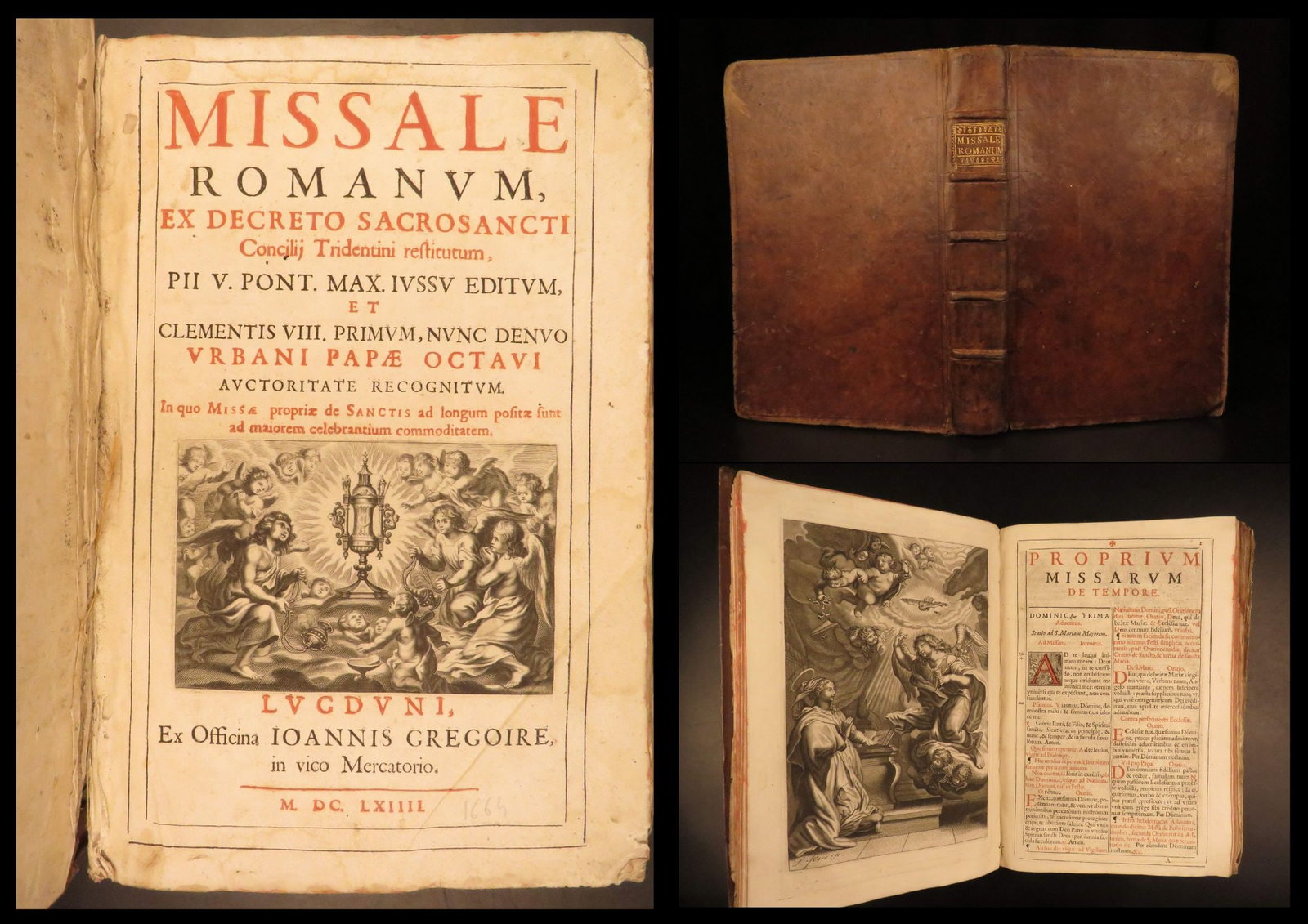 1664 – Missale Romanum – Catholic Church | Full Vellum Folio, Full-Page Chant: Missale romanum ex decreto sacrosancti Concilii Tridentini restitutum, Pii V. pont. max. iussu editum was printed in Lugduni in 1664. This missal is an impressive edition of Catholic liturgy much in p