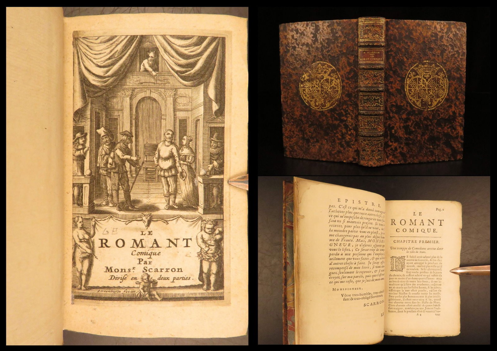 1668 – Le Romant Comique – Scarron | French Comic Novel – Royal Arms Binding: Paul Scarron was a 17th-century French writer best-known for his work Virgile Travesti, a parody of Virgils Aeneid. However, beyond his Virgil spoof, he wrote a number of other works including Le roma