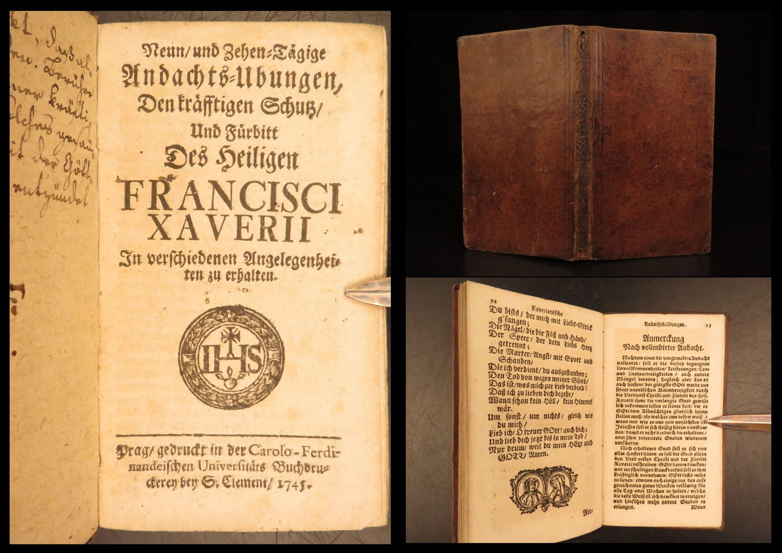 1745 – Francis Xavier – Devotional | German Edition, Daily Catholic Prayers: Neun und Zehen-Tagige Andachts-Ubungen by Francis Xavier is an 18th-century Catholic devotional centered on daily prayer and study. This work sets out nine days of devotionals and ten days of prayers 
