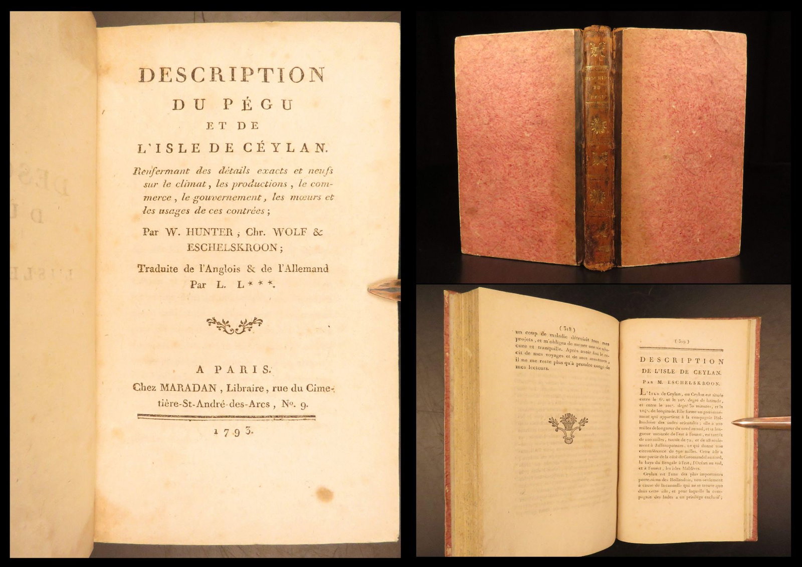 1793 – Description of Pegu & Ceylon | Voyages in Malaysia & Sri Lanka – First Ed: Description du Pegu et de lisle de Ceylon is a 1793 French account of voyages and travel in Pegu and Ceylon. Framed through literary character Jean-Christophe Wolf, this book describes government and 