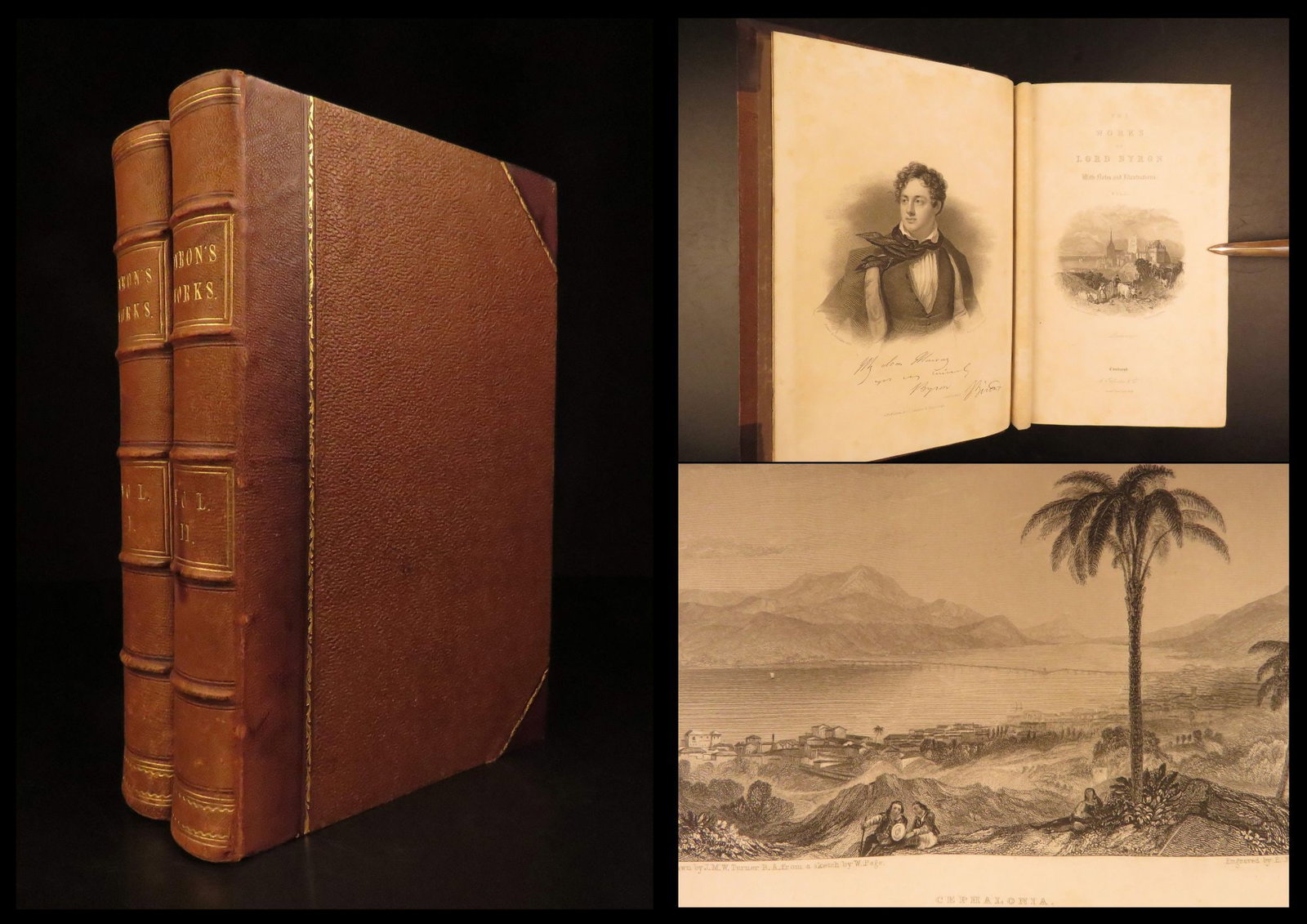 1850 – Works of Lord Byron | Beautiful Leather Binding, Illustrated 2vol Set: George Gordon Byron, more commonly known as Lord Byron, was an English poet and a prominent figure in the Romantic movement. He has always been regarded as one of Britains greatest poets. Published in