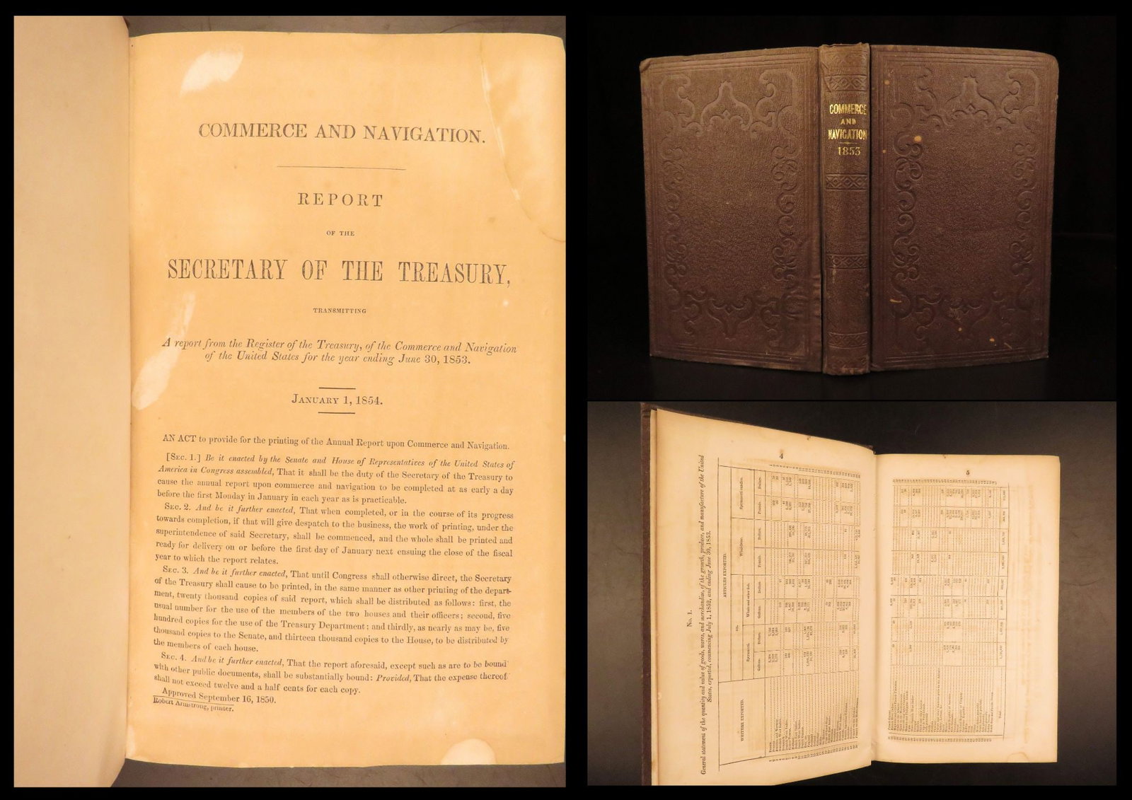 1854 – United States Commerce & Navigation Report | Trade & Finance Tables: Commerce and Navigation, a report of the Secretary of the Treasury is a mid-19th-century report from the United States concerning domestic exports, foreign imports, trade, maritime activity, and dutie