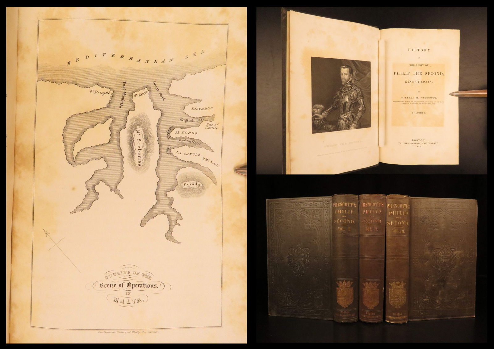 1855 – Philip II of Spain – Prescott | Illustrated Spanish History, 3 volumes: Philip II of Spain was one of the most powerful monarchs in Europe in the 16th-century. Reigning over Portugal, Naples, Sicily, and even the King of Ireland and England for a few years, Philip IIs aut