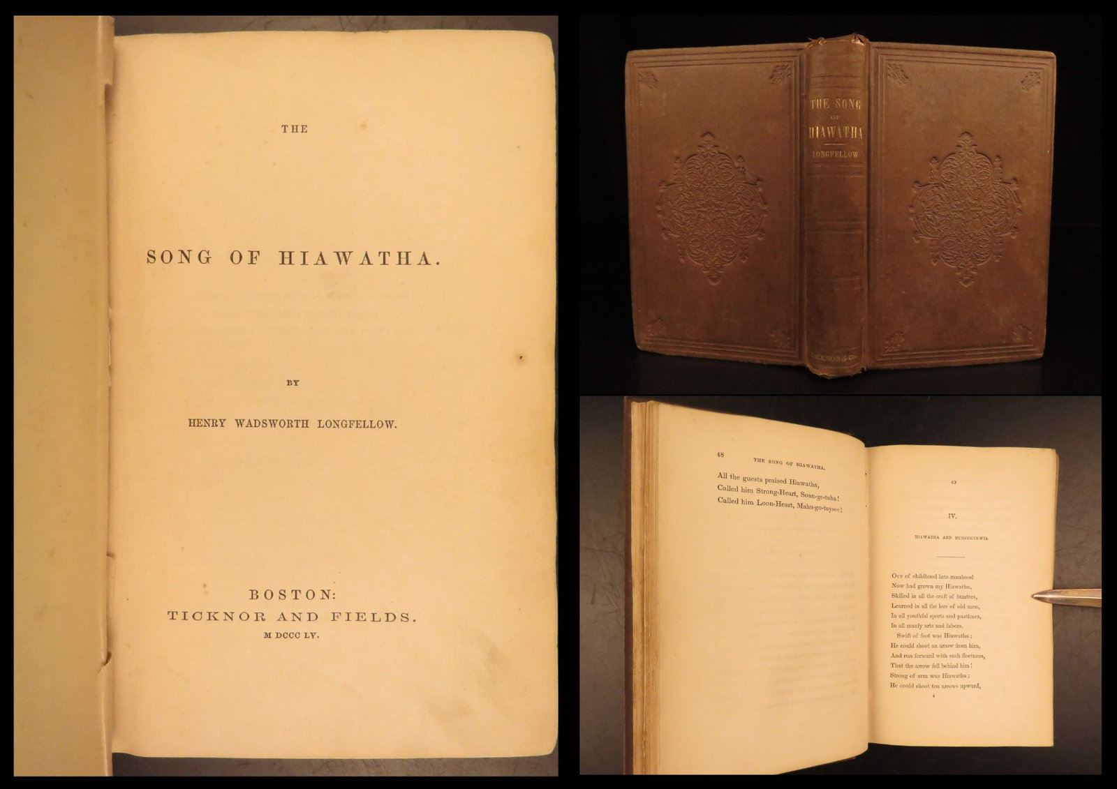 1855 – Song of Hiawatha – Henry Wadsworth Longfellow | Native American Poetry: "When thou smilest, my beloved, Then my troubled heart is brightened” – H.W. Longfellow, Song of Hiawatha An incredible first edition of The Song of Hiawatha by Henry Wadsworth Longfellow. Thi