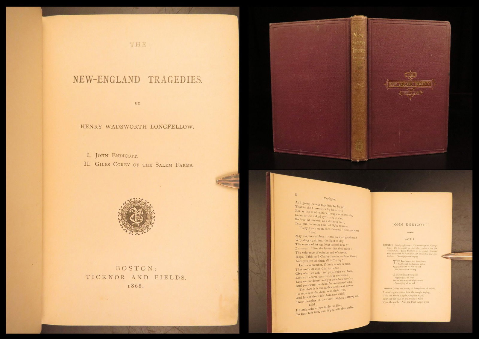 1868 – New England Tragedies – Longfellow | First Edition, Salem Witch Trials: For after all, the best thing one can do when it is raining is let it rain. Henry Wadsworth Longfellow More known for works such as Song of Hiawatha, Henry Wadsworth Longfellow did compose other long 