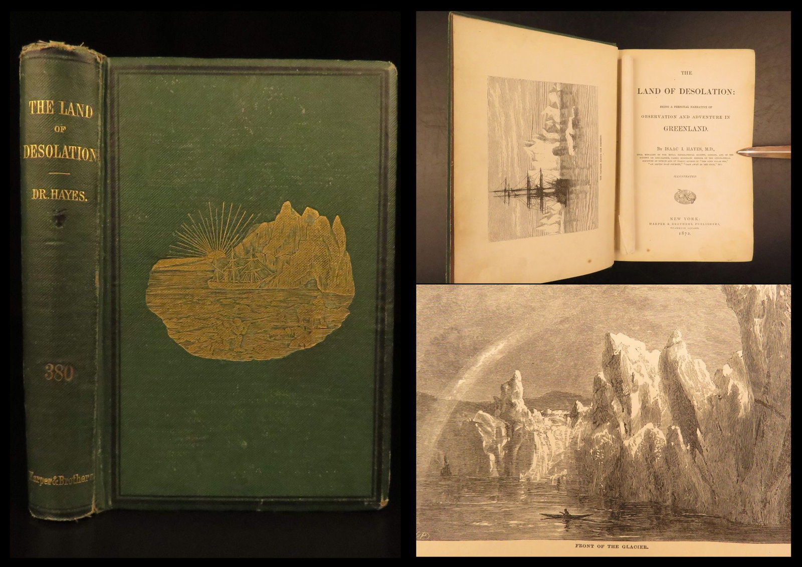 1872 – Greenland, Land of Desolation | First Edition, Illustrated Arctic Voyages: The Land of Desolation by I. I. Hayes is an 1872 travel account of voyages in Greenland. This first edition narrative follows a voyage aboard William Bradfords steam yacht Panther in 1869, with descri