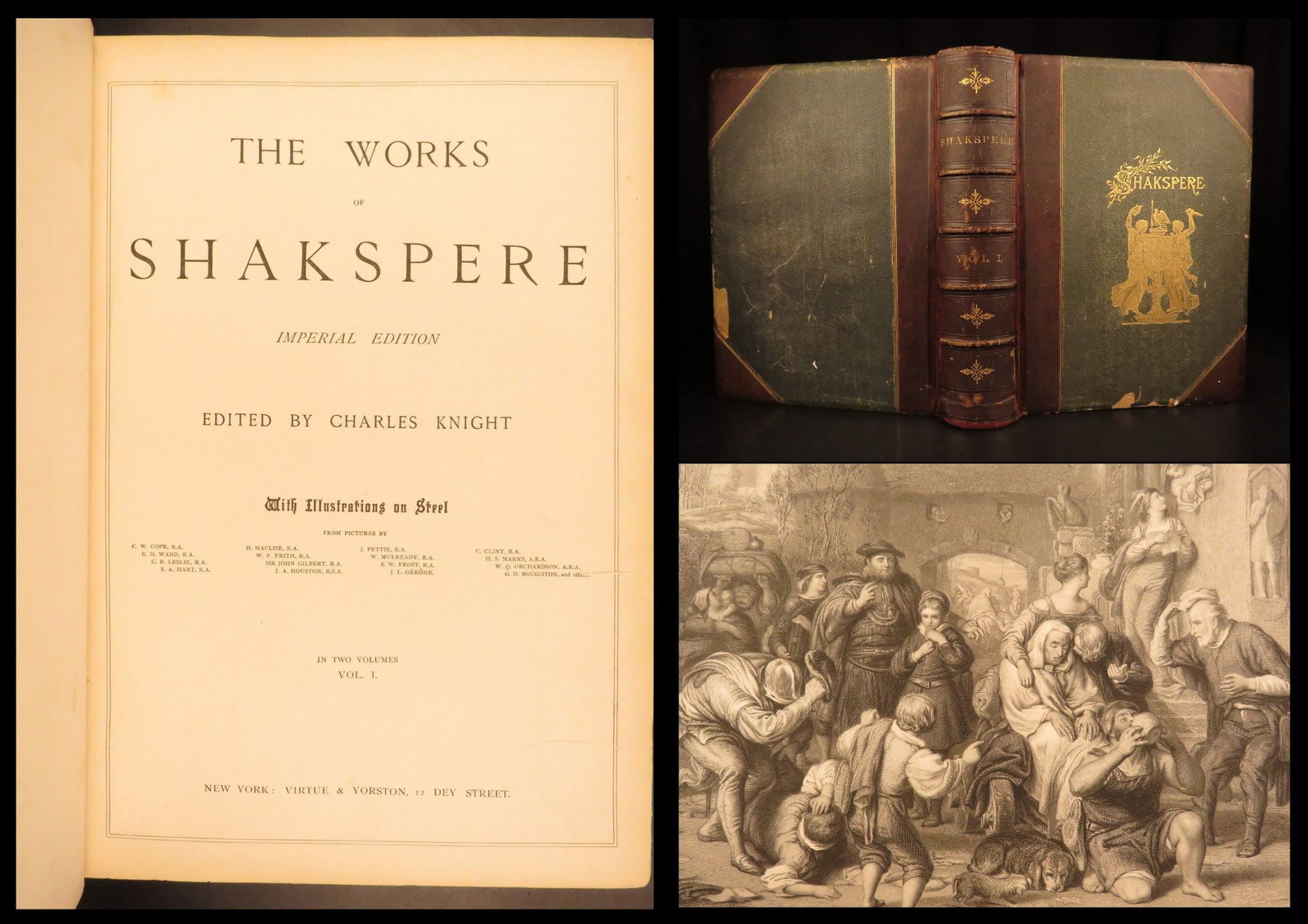 1873 – Works of William Shakespeare | Illustrated, Enormous Imperial Edition: A rare printing of the works of Shakespeare. In the mid-19th-century, Charles Knight published an illustrated edition of the works of William Shakespeare, a set that proved to be very popular througho