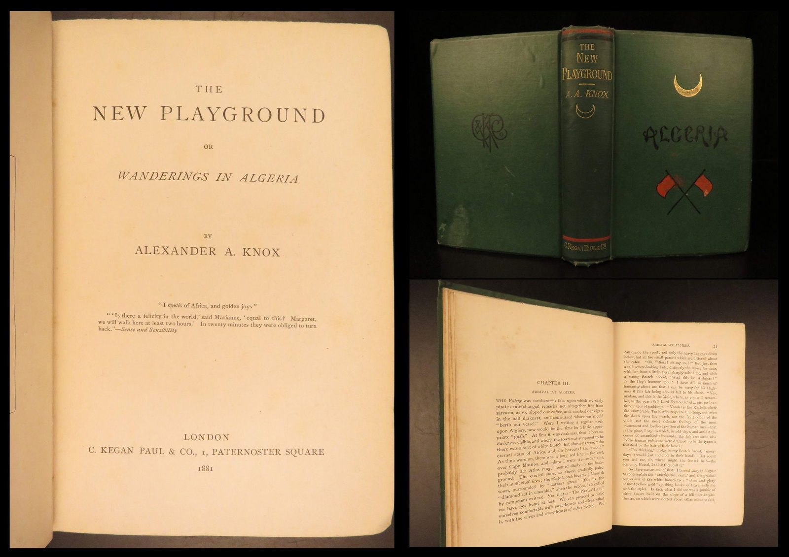 1881 – Alexander Knox in Algeria | Africa Travel Voyages, Tlemcen & Oran: “The New Playground or Wanderings in Algeria” by Alexander A. Knox is an 1881 London edition published by C. Kegan Paul & Co. This travel narrative records journeys through Algeria during the 