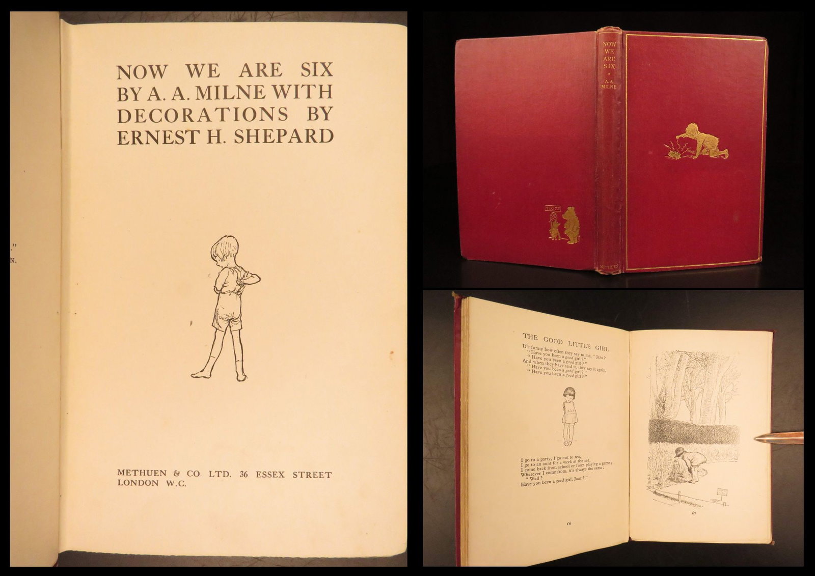 Now We Are Six — A.A. Milne 1927 | First Printing: This first edition of Now We Are Six by A.A. Milne is a book of poems about the imaginings and experiences of a six-year-old child. Milne captures the wonder and nostalgia of childhood in his verses, 