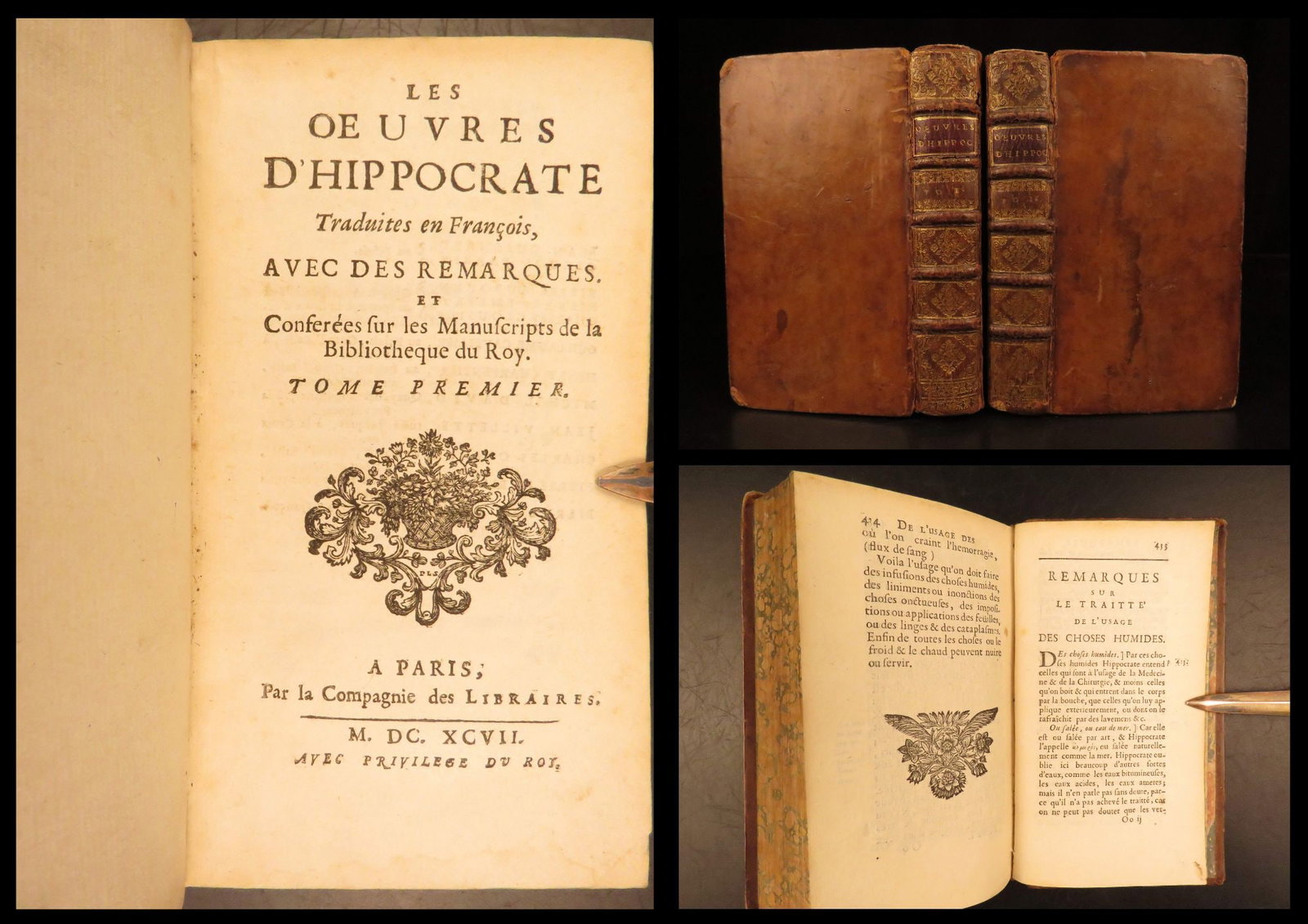 1697 – Works of Hippocrates, Aphorisms | Medicine, Surgery | French Andre Dacier: Known as the Father of Medicine, Hippocrates was a Greek physician from the 4th-century BC. He is recognized for his lasting contributions to the medical field by establishing it as a scientific study