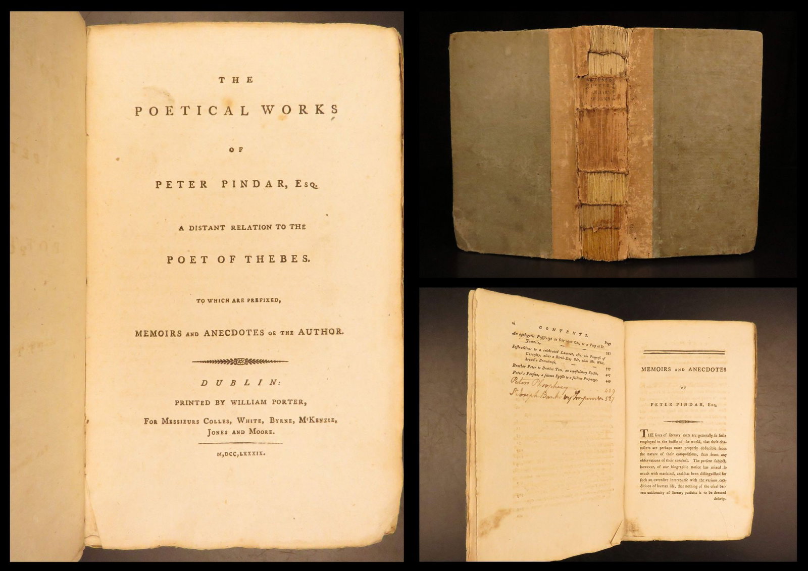 1789 – Peter Pindar Works | English Satire – Odes, The Louisiad, Royal Academy: Peter Pindar was the literary pseudonym of John Wolcot who was known for his satirical and humorous epistles and odes. Pindar criticized the Royal Academy and prominent public figures including James 