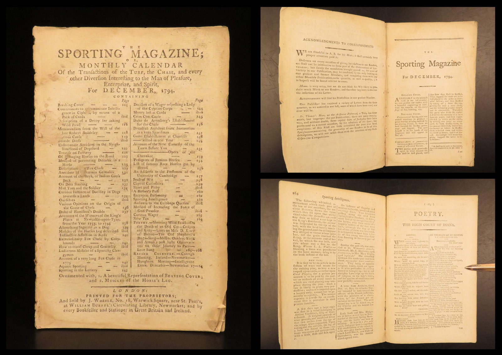 1794 – Sporting Magazine | English Hunting, Racing, & Husbandry, Farriery: The 18th-century periodical Sporting Magazine was a regularly occurring work that promised to report racing, archery, cricket, coursing, and every other respectable sport. This included boxing and coc