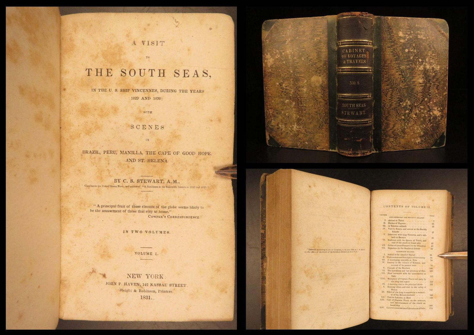 1831 – South Seas Voyages, Charles Stewart | Brazil, Peru, Hawaii, Slave Trade: Charles Samuel Stewarts A Visit to the South Seas records the 1829–1830 voyage of the USS Vincennes through the Pacific, South America, Asia, and Africa. Published in 1831, this book contains observ
