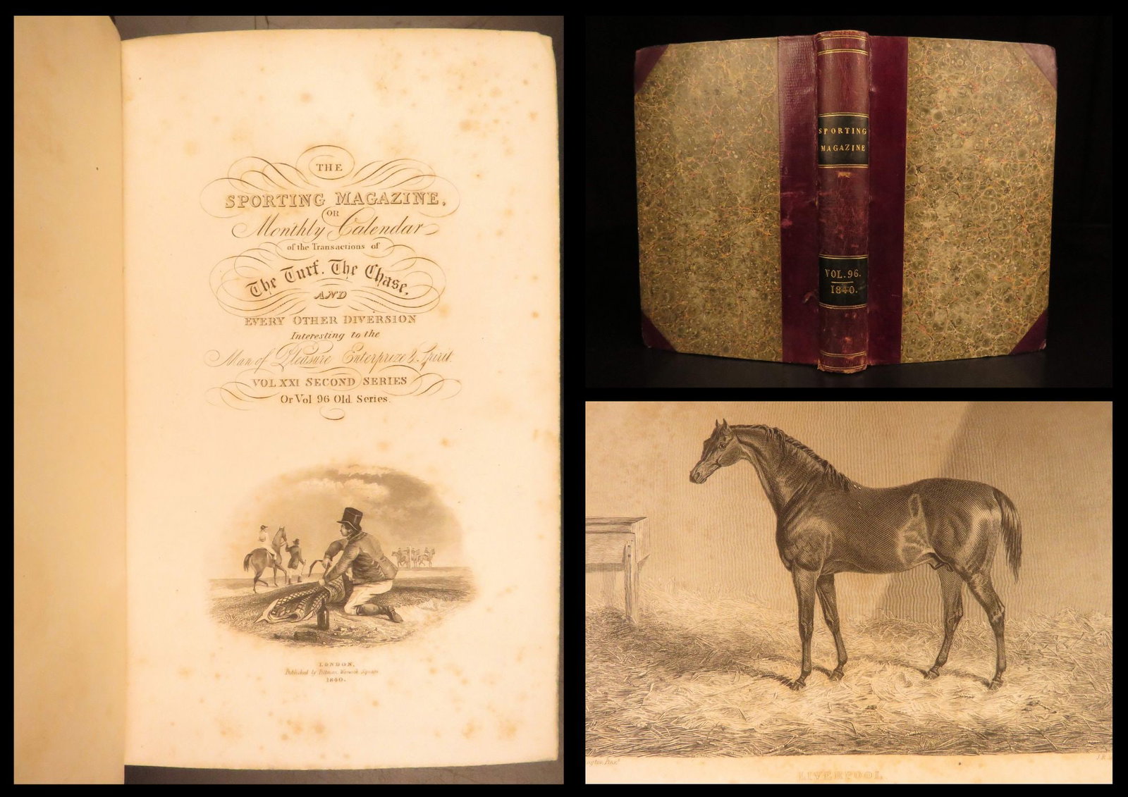 1840 – Sporting Magazine | Victorian-Era Hunting, Racing, & Husbandry – Binding: The 19th-century periodical Sporting Magazine was a regularly occurring work that promised to report racing, archery, cricket, coursing, and every other respectable sport. This included boxing and coc