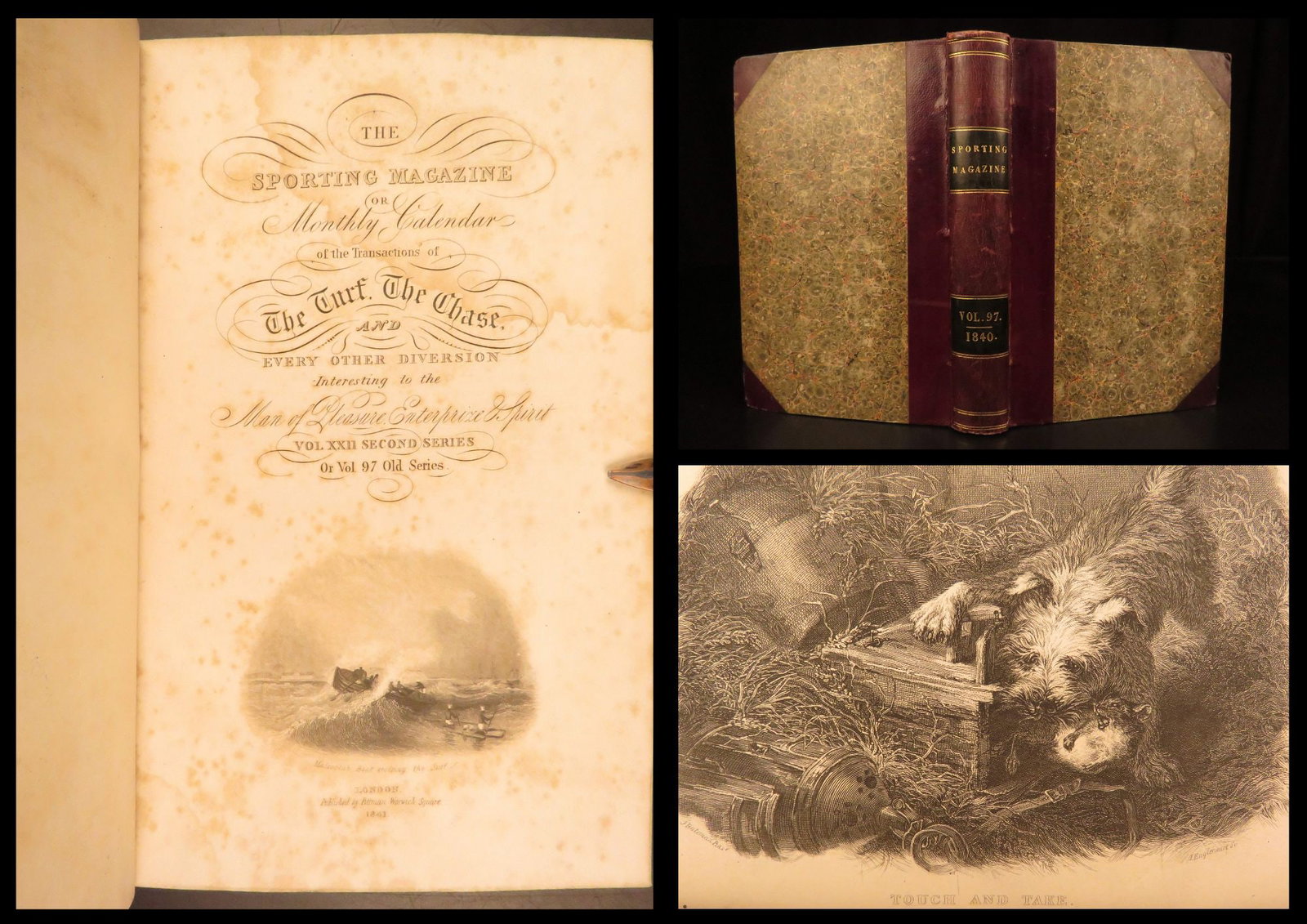 1840 – Sporting Magazine | Victorian-Era Hunting, Racing, & Husbandry – Binding: The 19th-century periodical Sporting Magazine was a regularly occurring work that promised to report racing, archery, cricket, coursing, and every other respectable sport. This included boxing and coc