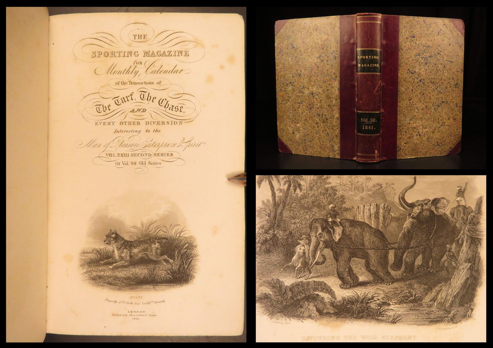 1841 – Sporting Magazine | Victorian-Era Hunting, Racing, & Husbandry – Binding: The 19th-century periodical Sporting Magazine was a regularly occurring work that promised to report racing, archery, cricket, coursing, and every other respectable sport. This included boxing and coc