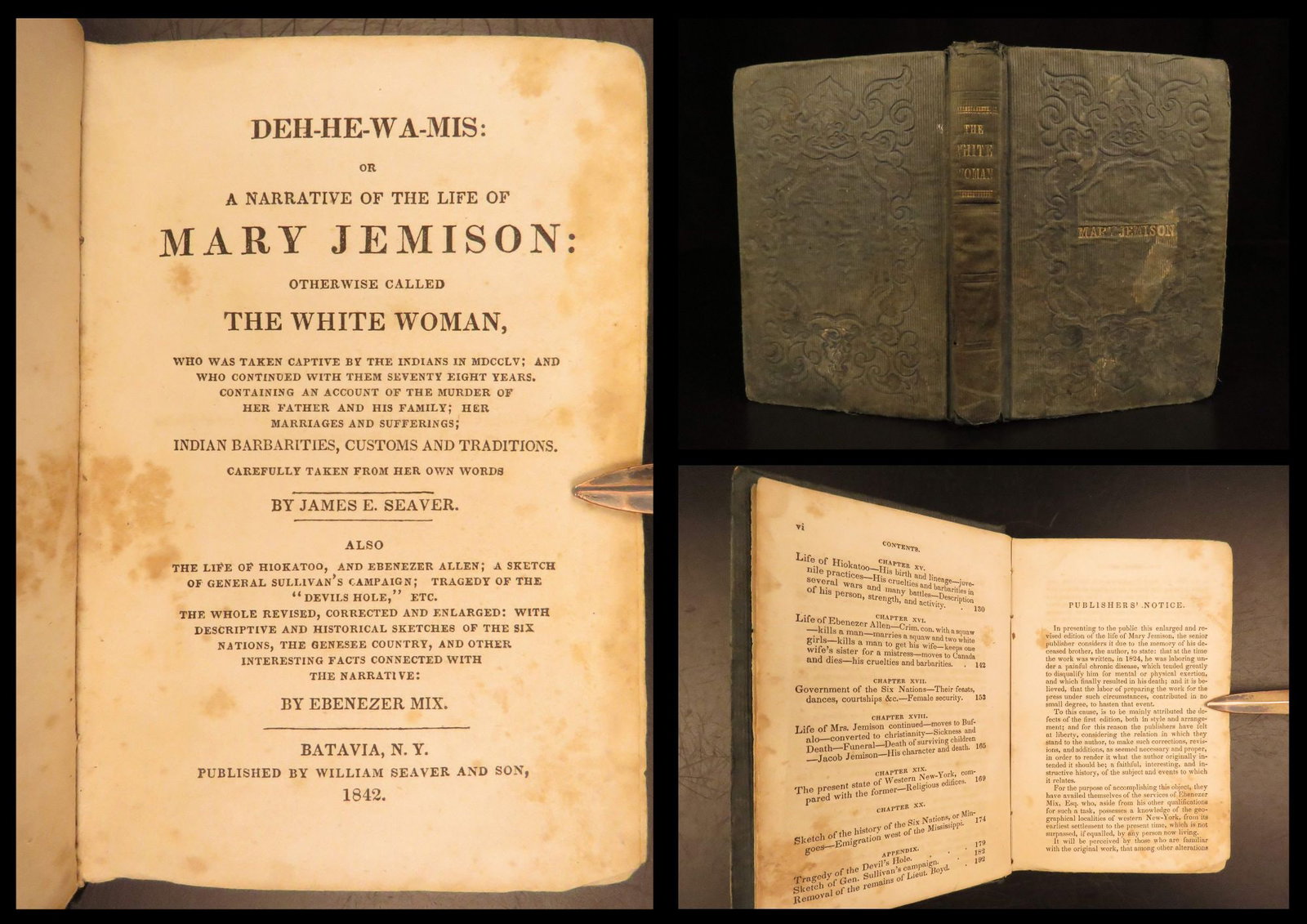 1842 – Life of Mary Jemison | First Edition – Best Survey of Seneca Indians: “The BEST resume on the history and life of the Seneca Indians!” (Field) Mary Jemison was an 18th-century American frontierswoman who is most-remembered for being raised by the Seneca Indian t