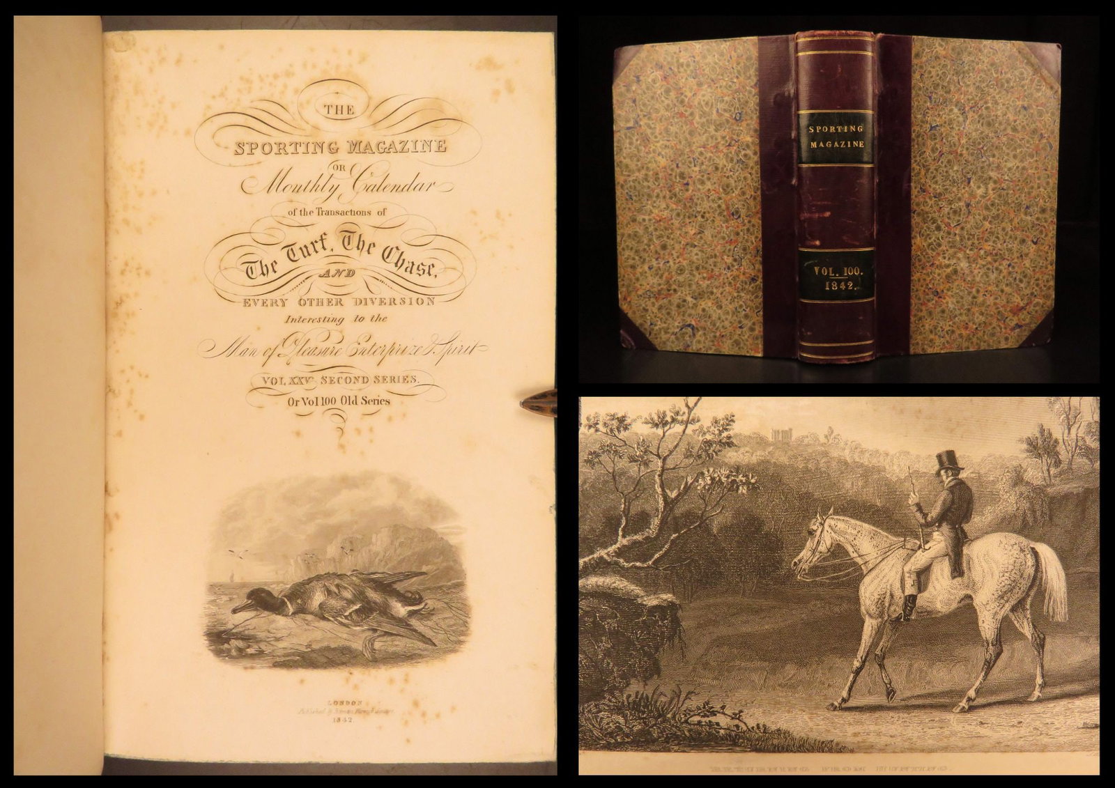 1842 – Sporting Magazine | Victorian-Era Hunting, Racing, & Husbandry – Binding: The 19th-century periodical Sporting Magazine was a regularly occurring work that promised to report racing, archery, cricket, coursing, and every other respectable sport. This included boxing and coc