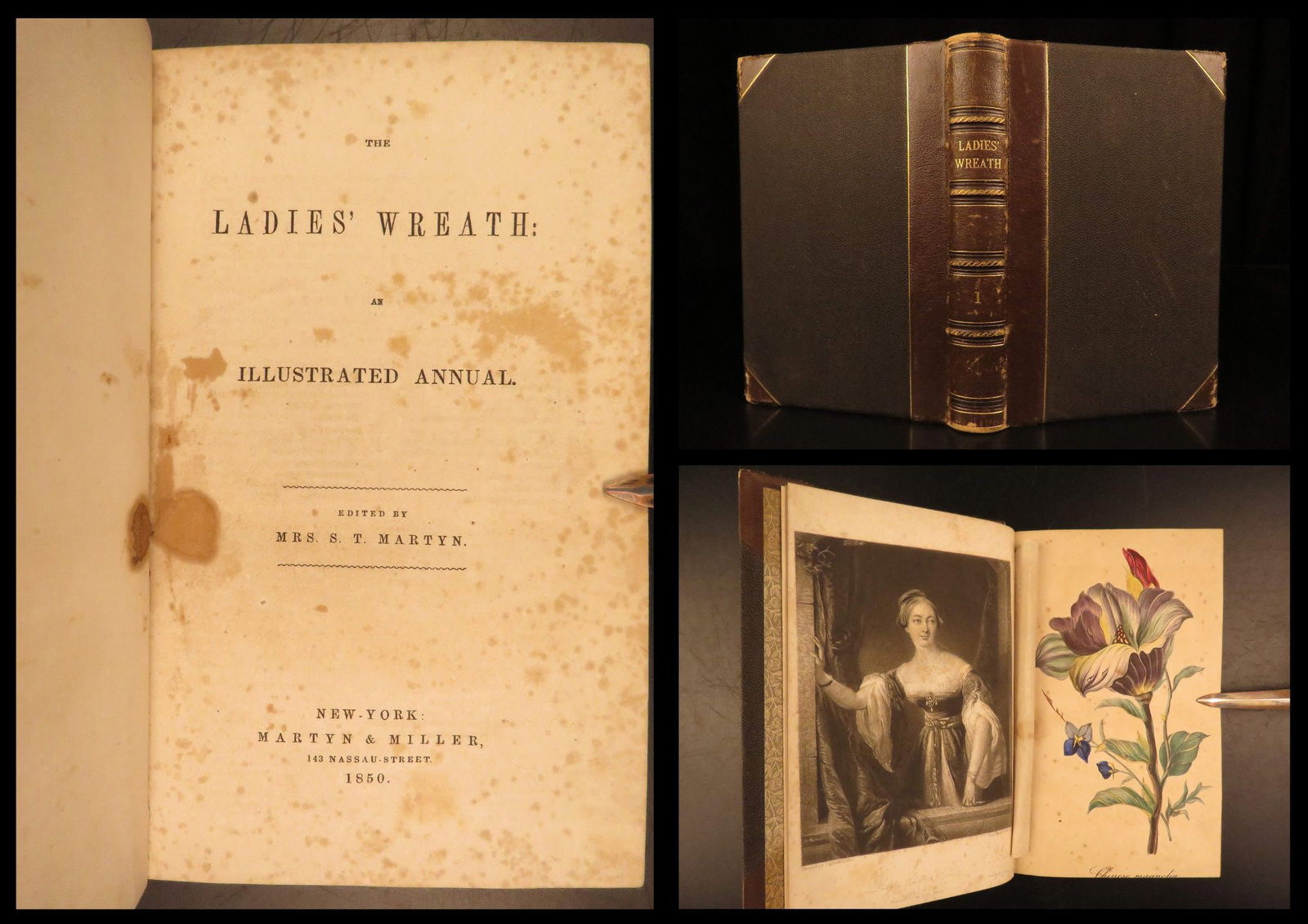1850 – Ladies Wreath | Poetry & Literature, Female Authors & Poets – Art: “The Ladies Wreath” is a mid-19th-century book of poems written by notable female poets and authors. This book is bound in a decorate gold-embossed binding. Bibliographic Details Title: The La
