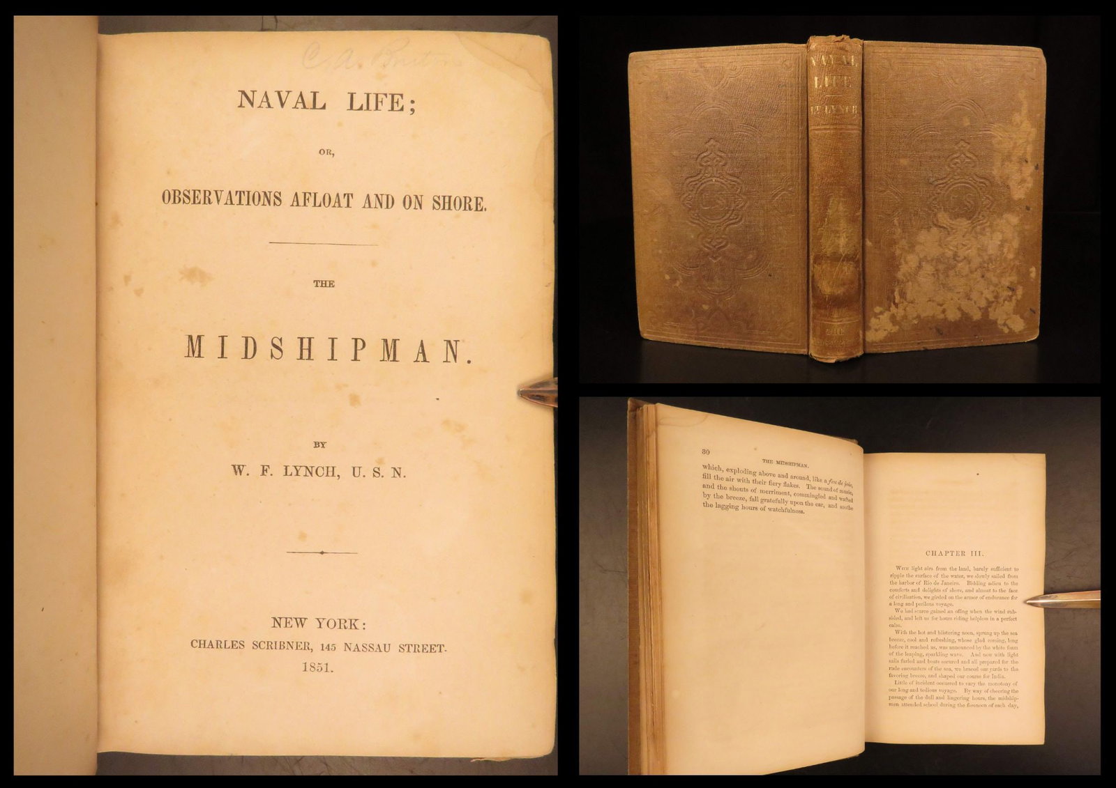 1851 – Naval Life of a Midshipman – Lynch | First ed, United States Navy Voyages: William Lynch was the commander of a survey expedition to the Dead Sea and Jordan Rivers in the mid-19th-centuries; the first successful voyage of its kind – traveling down the Jordan from the Sea o