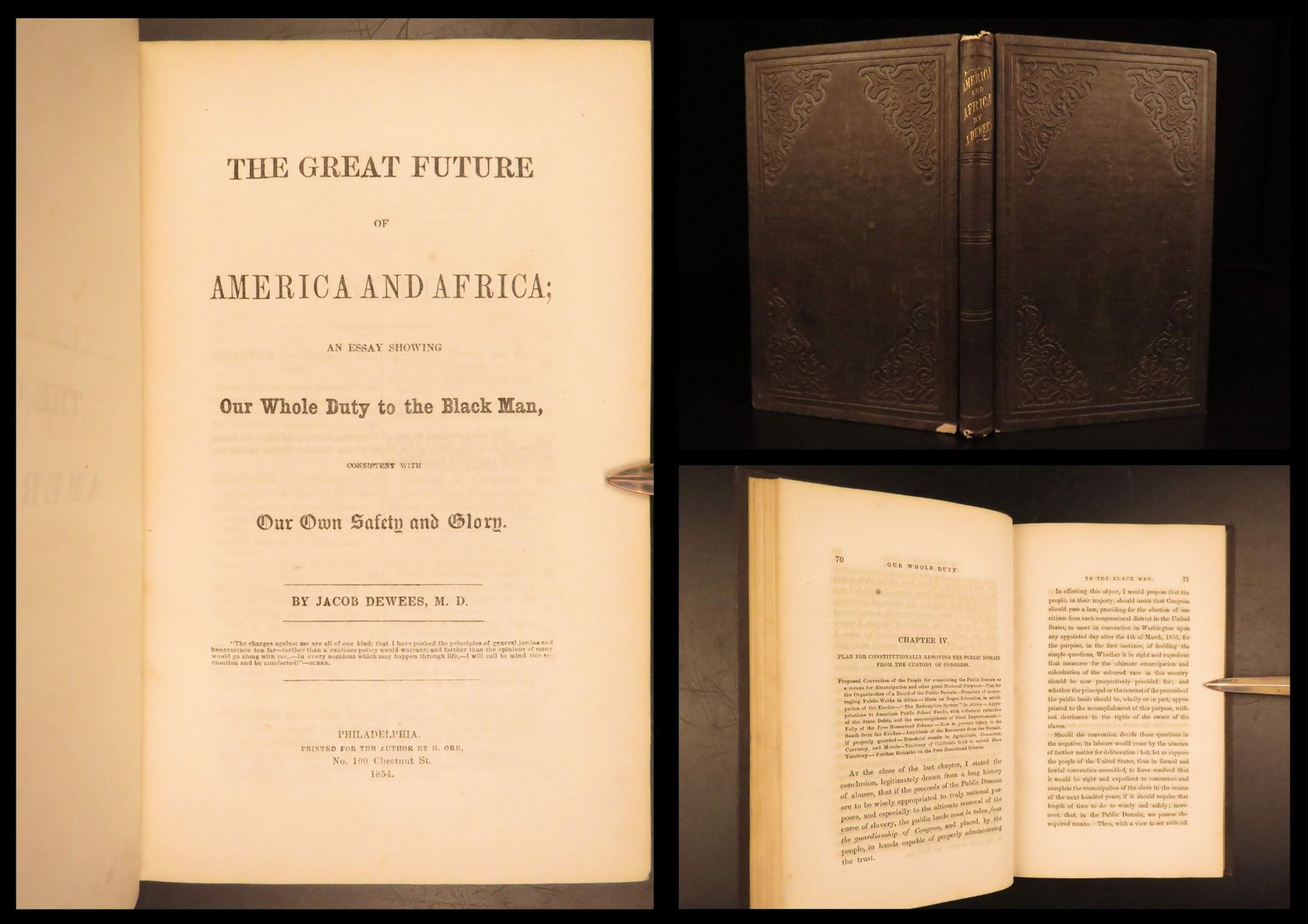 1854 – Future of America & Africa – Dewees | Slavery Abolition in America – 1st edition: The Great Future of America and Africa; An Essay Showing Our Whole Duty to the Black Man by Jacob Dewees (1854) is a rare antebellum American work addressing slavery, emancipation, race relations, and