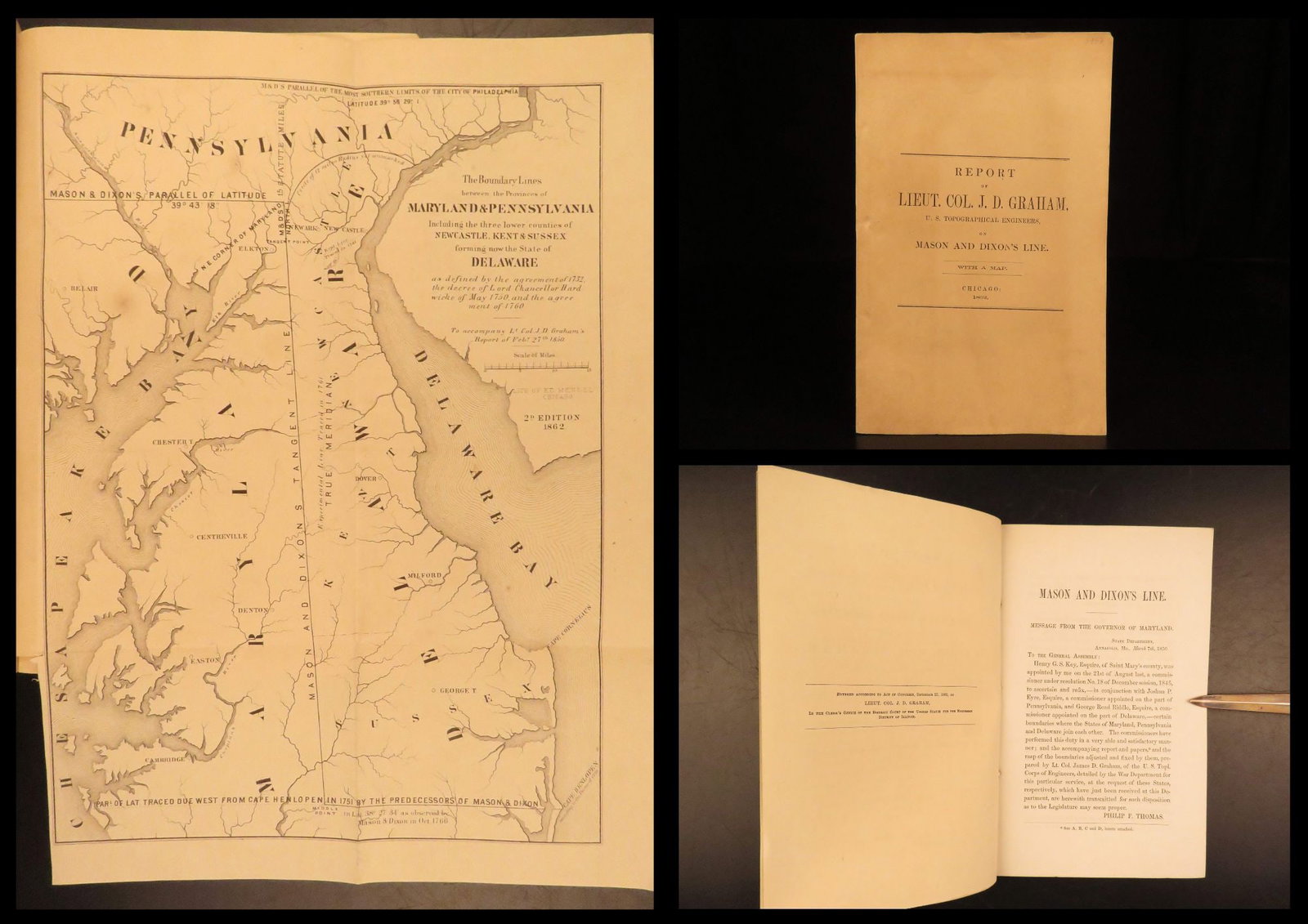 1862 – Mason-Dixon Line Boundary Survey | Civil War Era Reports, Folding Map: Messages from the Governors of Maryland and Pennsylvania: Transmitting the Reports of the Joint Commissioners, and of Lieut. Col. Graham, U.S. Topographical Engineers is an 1862 government publication
