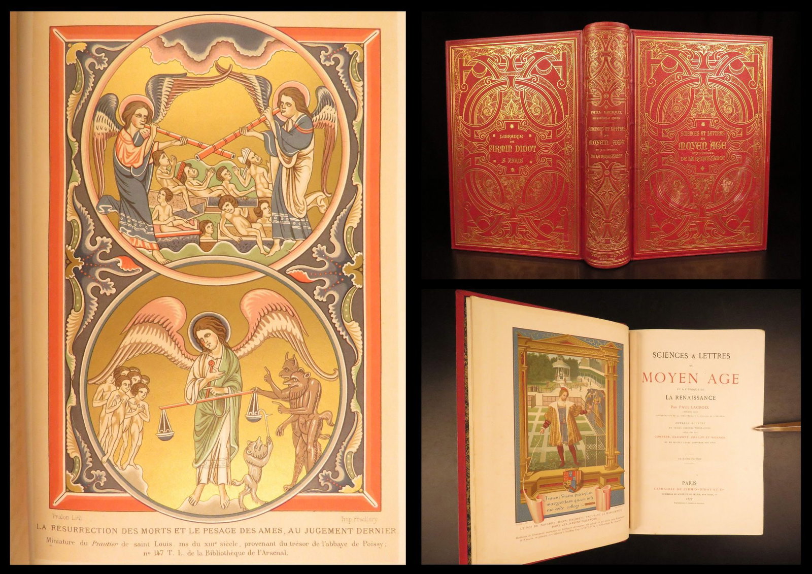 1877 – Sciences & Lettres of Middle Ages – Lacroix | Chromolithographs, Gilt Binding: Sciences & Lettres au Moyen Age by Paul Lacroix is a standout 1877 book, known for its strong visual content and broad look at medieval life. Bound in its original red cloth boards with decorative gil