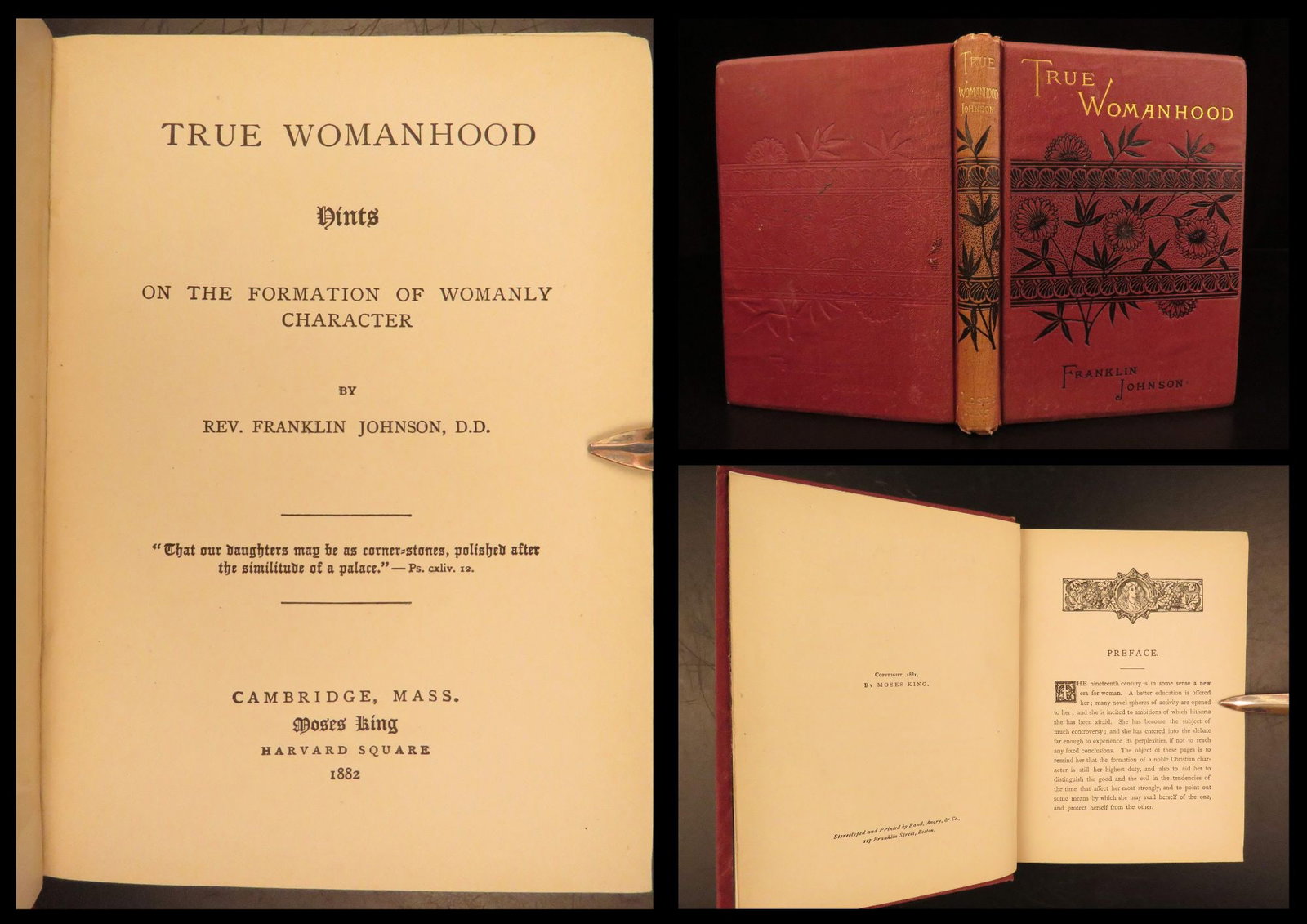 1882 – True Womanhood | Victorian Feminism, Gender Conduct & Expectations: Franklin Johnsons True Womanhood, 1882, examines Victorian ideals surrounding morality, domestic life, personal conduct, and female education. Written as a guide to womanly character and duty, the wor