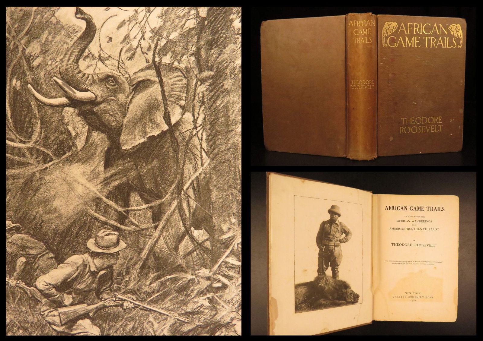 1910 – African Game Trails – Theodore Roosevelt | First Edition, Hunting Trips: The twenty-sixth president of the United States was also a world-renowned hunter, conservationist, soldier, and scholar. In 1908 he took a long safari holiday in East Africa with his son Kermit. Roose