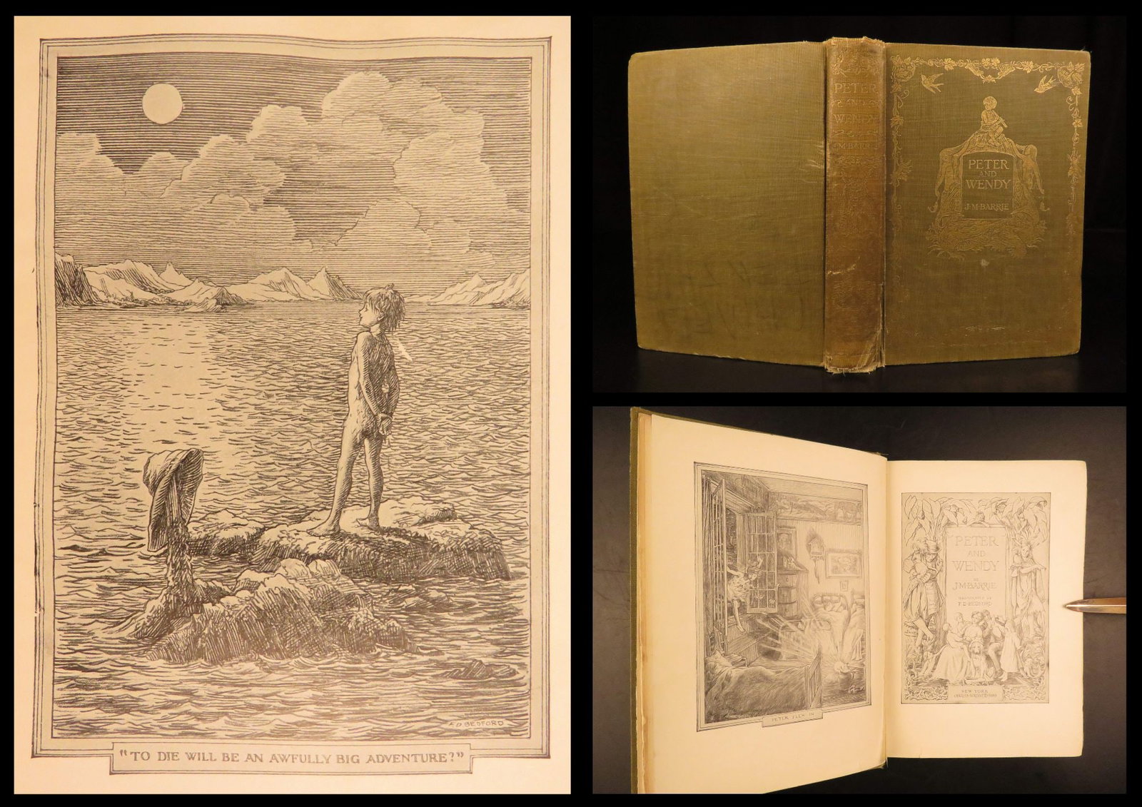 1911 – Peter and Wendy – J.M. Barrie | First American Edition, Bedford Illustrated: The story of Peter and Wendy by J.M. Barrie is one of most famous and beloved childrens stories of all time, presented here as the first American edition. Following the Darling children as they are sp