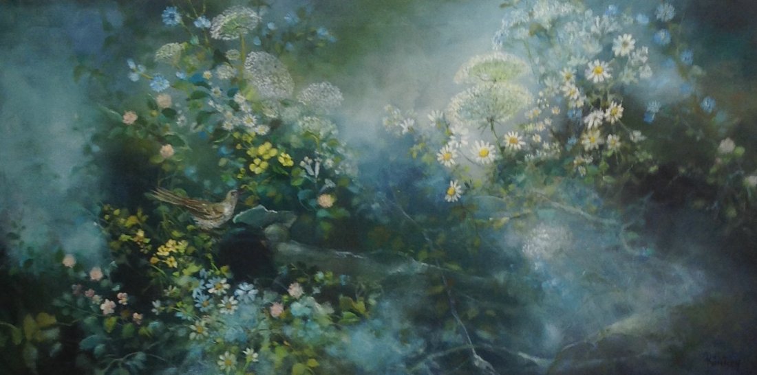 Ruth Rumney Floral & Bird Oil Painting: Description: Ruth Rumney oil painting portraying Floral and Bird image. Material: Oil on canvas.Measurement: 24” W x 48”H. Shipping cost: $75 excluding Hawaii, Alaska & California