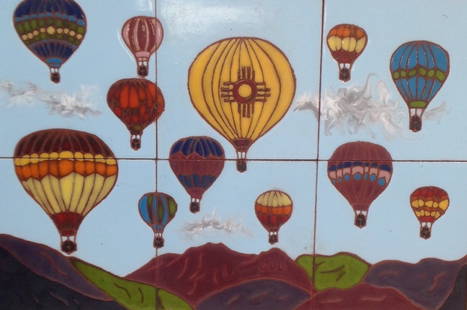 Vintage Framed Heavy Balloon  Tile Art 21 x 15 In.: Description: Vintage hot air balloon tyle art over mountains. Material: Porcelain. Measurement approximate: 21 x 15 In. Shipping cost: $60 excluding Hawaii, Alaska and California