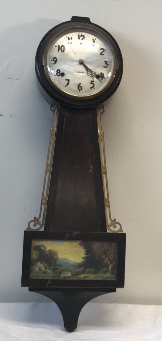 Gilbert 1807 Banjo clock: Gilbert 1807 Banjo clock. Measurement approximate. 31 H x 8.5 W. Material : Wood. Shipping cost: $65.00 excluding Hawaii, Alaska & California