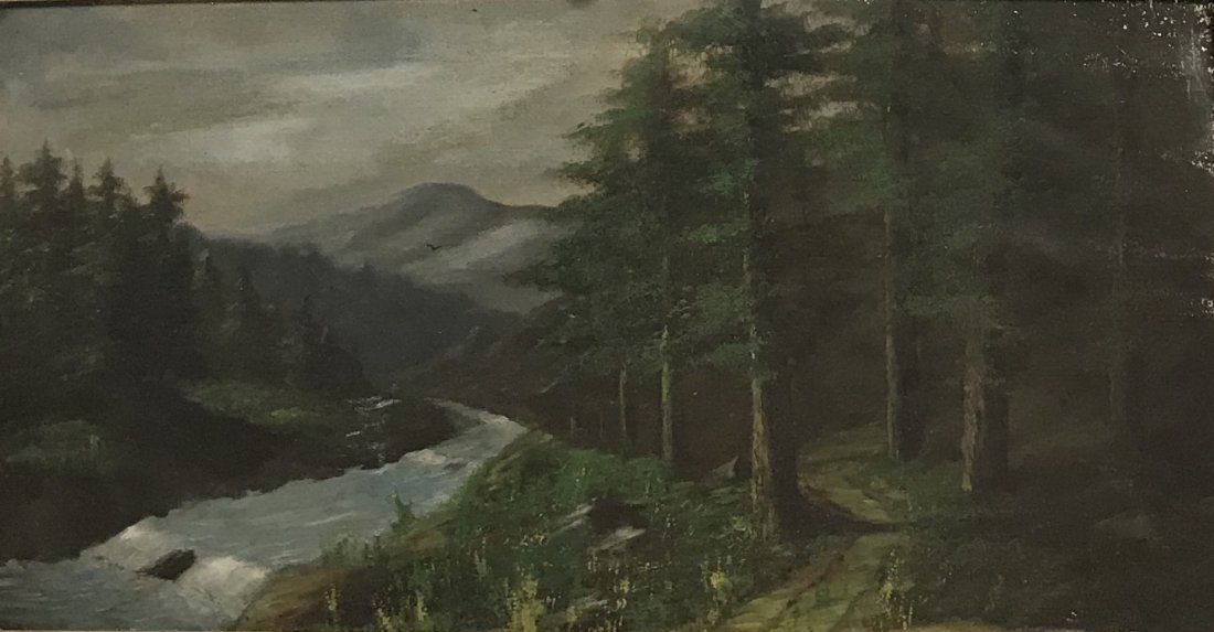 SIGNED HUDSON RIVER SCHOOL PAINTING 31 x 18: Signed L Miller ? - see images. Hudson River School painting depicting forest image and river. Measurement approximate: 31 x 18 Frame/ 23 x 12 Image Inches. Medium:Oil on canvas. Shipping cost:$55 exc