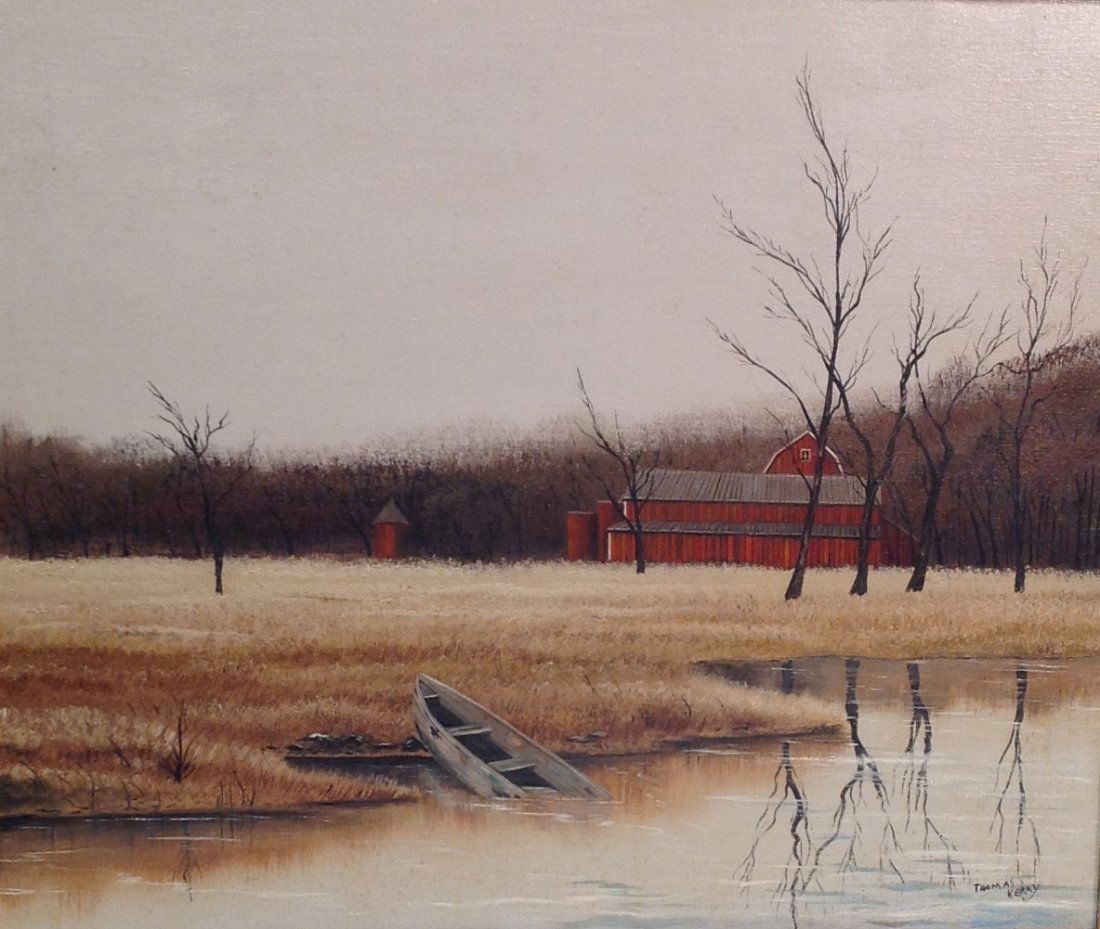 Signed Thomas Kerry Oil Painting 31 x 27: Description: Vintage signed Thomas Kerry oil painting depicting barn-overlooking lake.Material: Oil Canvas Painting. Measurement: 31 W x 27 H frame/ 29 W x 24 H image. Shipping cost: $65 excluding Haw