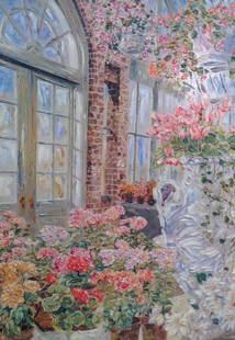 Honey W KURLANDER Painting 42 x 32: Description: Signed Honey .W KURLANDER (Born 1929) oil painting depicting floral and french door style image. Measurement approximate: 42 x 32 In Frame/ 38 x 28 Image. Medium: Oil on board. Shipping c