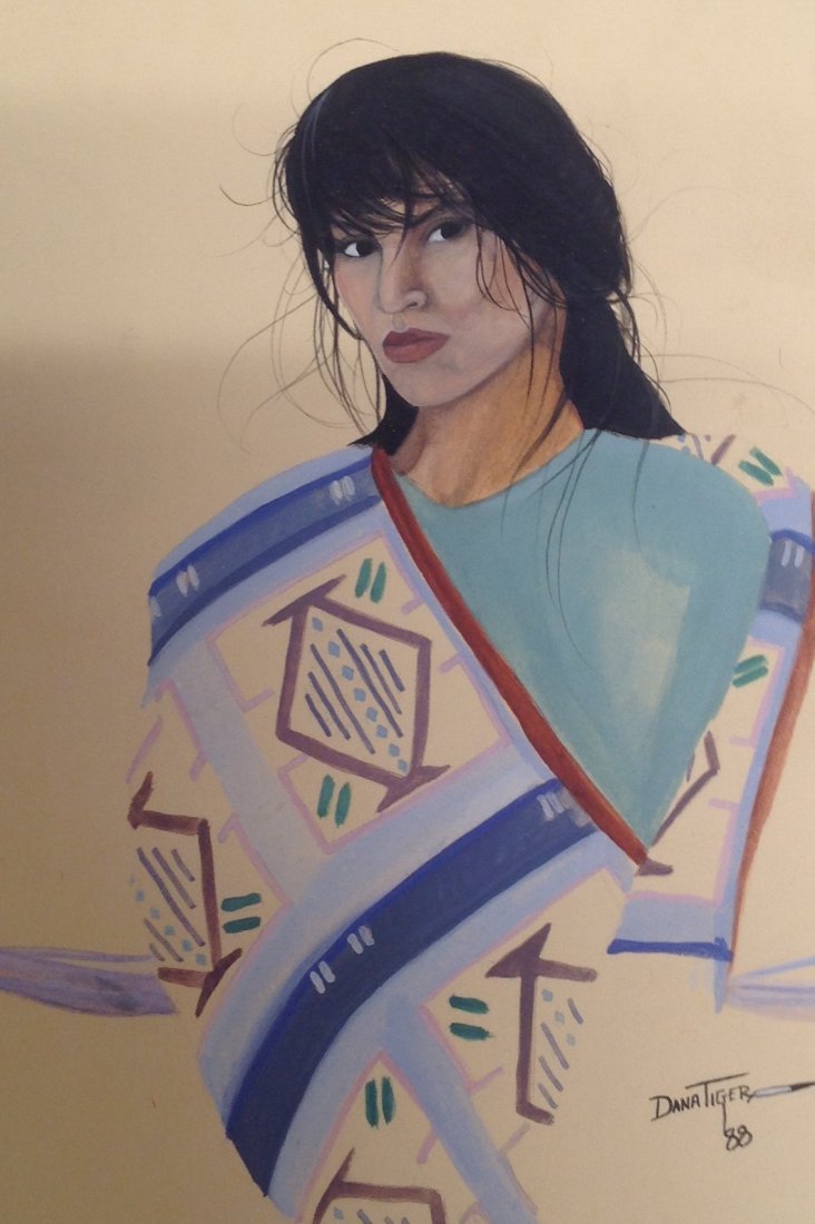 Dana Tiger W/C Painting Lady Portrait 10 x 7: Dana Tiger watercolor painting of a woman titled Inquisitive attitude - Creek Seminole Cherokee Indian.Dated April 1988. Measurement approximate: 10 x 7 In. Medium: Watercolor on paper. Shipping cost: