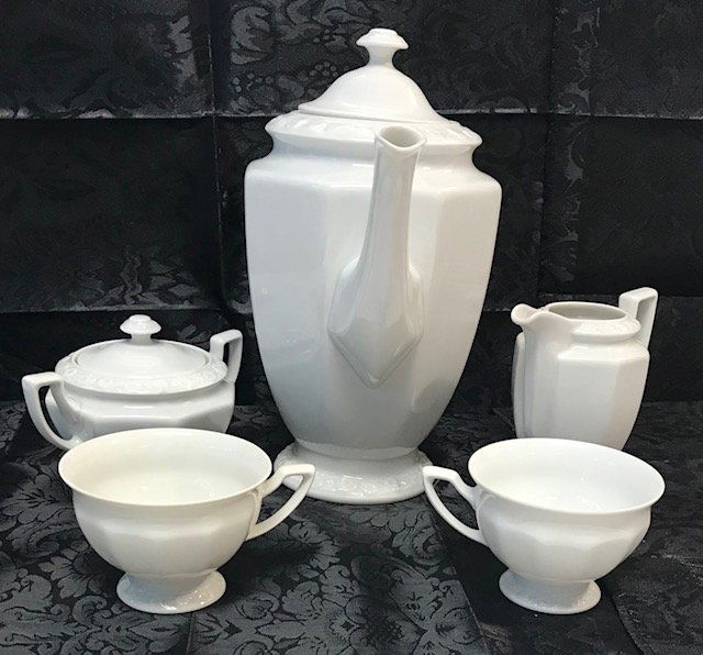 Rosenthal Selb stamped "Maria" Tea Set: Description: Rosenthal Selb stamped "Maria"white tea set contains: 2 cups, 1 coffee/tea pot, 1 creamer,1 sugar bowl w lid. Measurement approximate: 2.75 H X 3 W. Coffee /Tea Cups, Coffee / Tea Pot 13