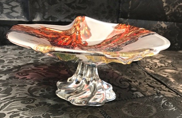 BAVARIAN GERMANY CRANBERRY crystal Cake Tray: Description: BAVARIAN GERMANY CRANBERRY multi color crystal cake tray with stand. Measurement approximate: 5 H X 8.25 W. Material: Crystal. Shipping cost: $19 Excluding California, Alaska & Hawaii. Th