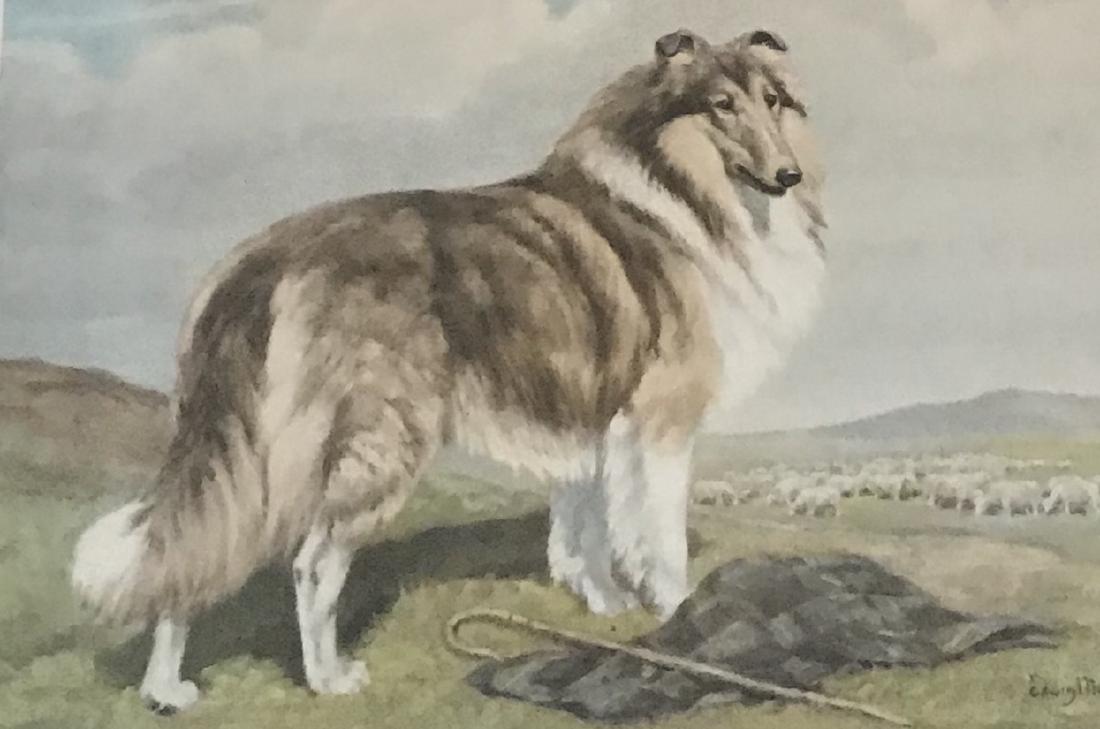 Edwin Megargee Watercolor painting dog depiction 15 x: Description: Edwin Megargee Watercolor painting with a dog depiction. Measurement approximate: Frame-15 x 17 / Image- 12 x 8. (Inches). Medium: Lithograph on paper. Shipping Cost: $35 Excluding Califo