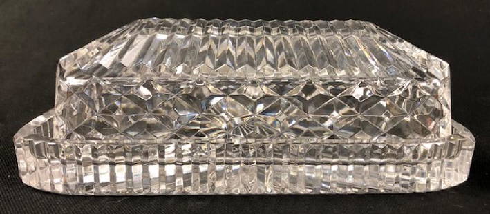 Signed Waterford Crystal "Giftware" Covered Butter Dish: Description: Elegant Waterford Crystal covered butter dish. Two pieces; signed; "Giftware" pattern. Material: glass. Measurement: approximate 7.5"l x 3"h (INCHES). Shipping cost: $25. Different rate f