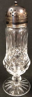 Signed Waterford Crystal Sugar Shaker w/Silver Plate: Description: Lovely Waterford Crystal tall sugar shaker with silver plate lid. Perfect to keep on your table for summer days to sweeten some fresh fruit. Signed; Lismore pattern. Material: glass.