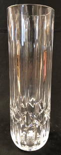 Waterford Crystal Narrow Vase: Description: Waterford Crystal narrow, cylindrical-shaped vase. Elegant pattern; nicely sized to fit into a smaller space. Material: glass. Measurement: approximate 12"h x 3.5w (INCHES). Shipping